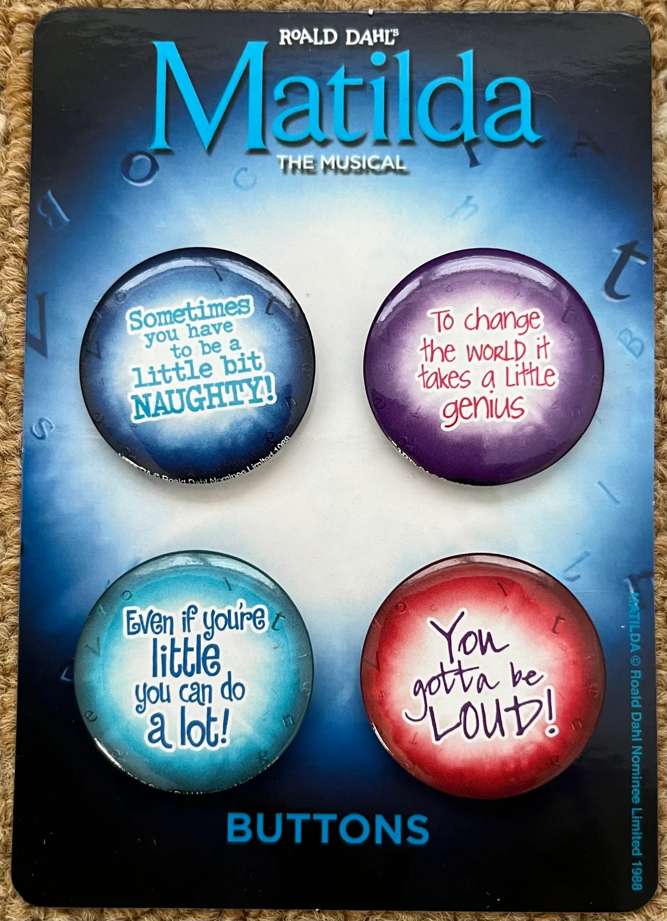NEW Official Roald Dahl Matilda The Musical 4 Pin Button Badge Set Quotes