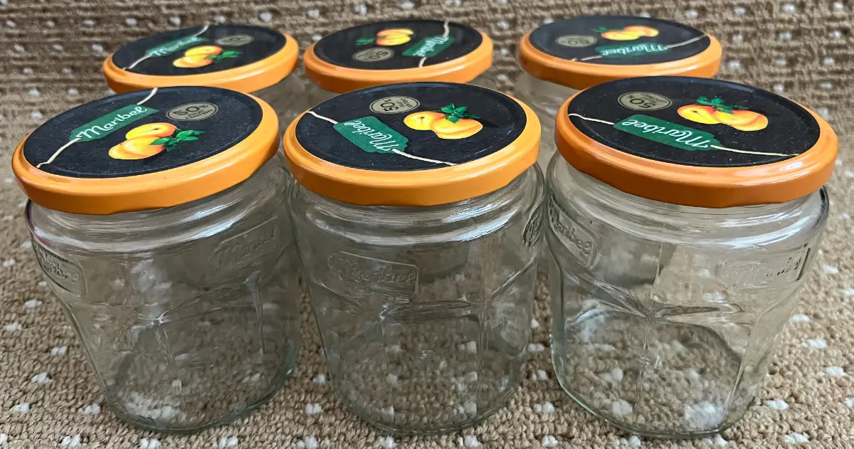 6 Empty Glass Jam Jars Maribel Chutney Marmalade Preserves Storage VGC