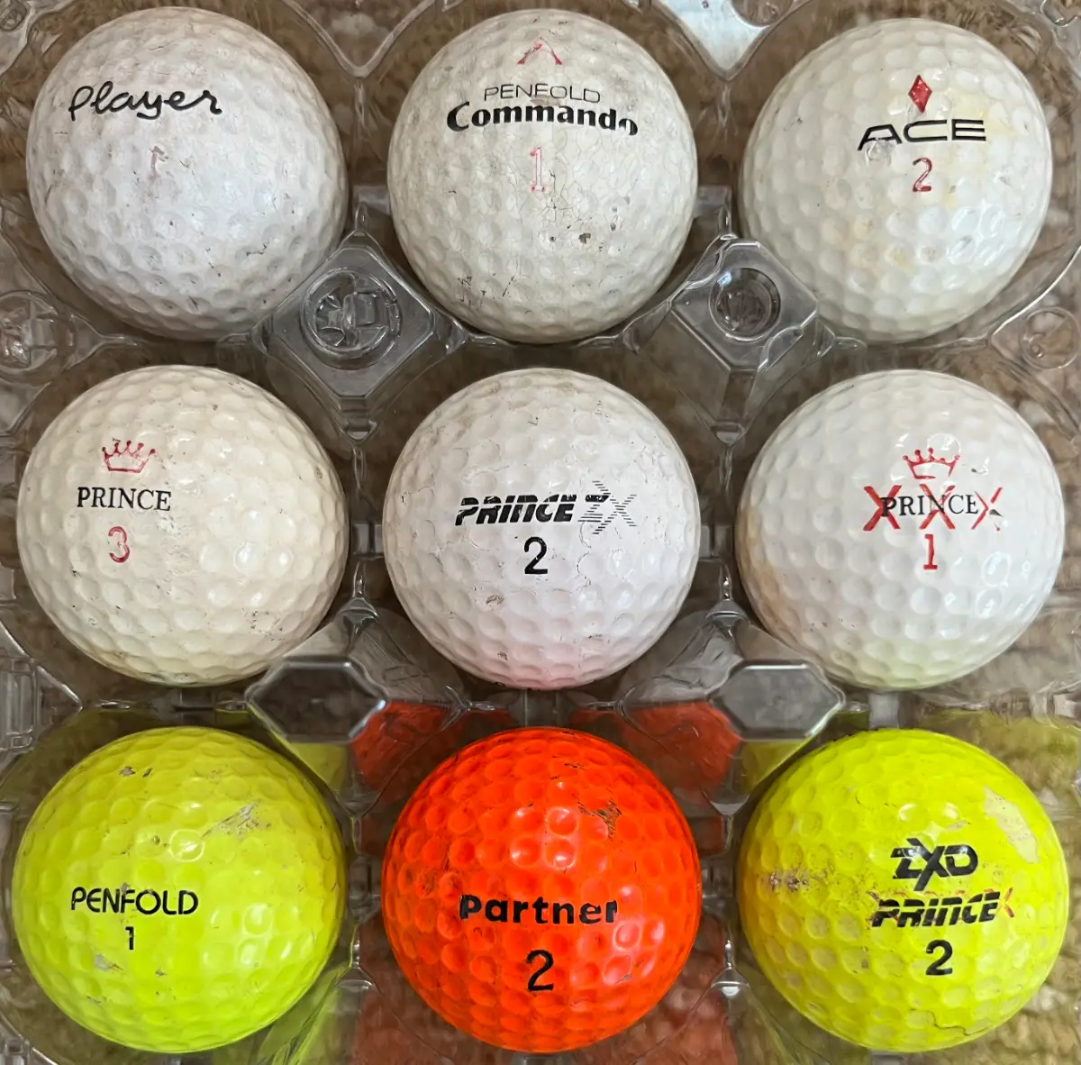 9 x Vintage Penfold Golf Ball Retro Penfold Ace Commando Prince & Hi-Viz 70s/80s
