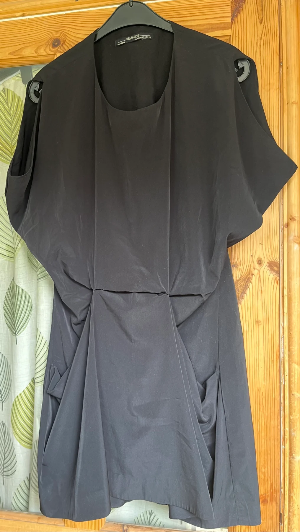 AllSaints Saelde Dress Black Silky Draped Front Pockets Mini Dress UK 12 LBD in VGC