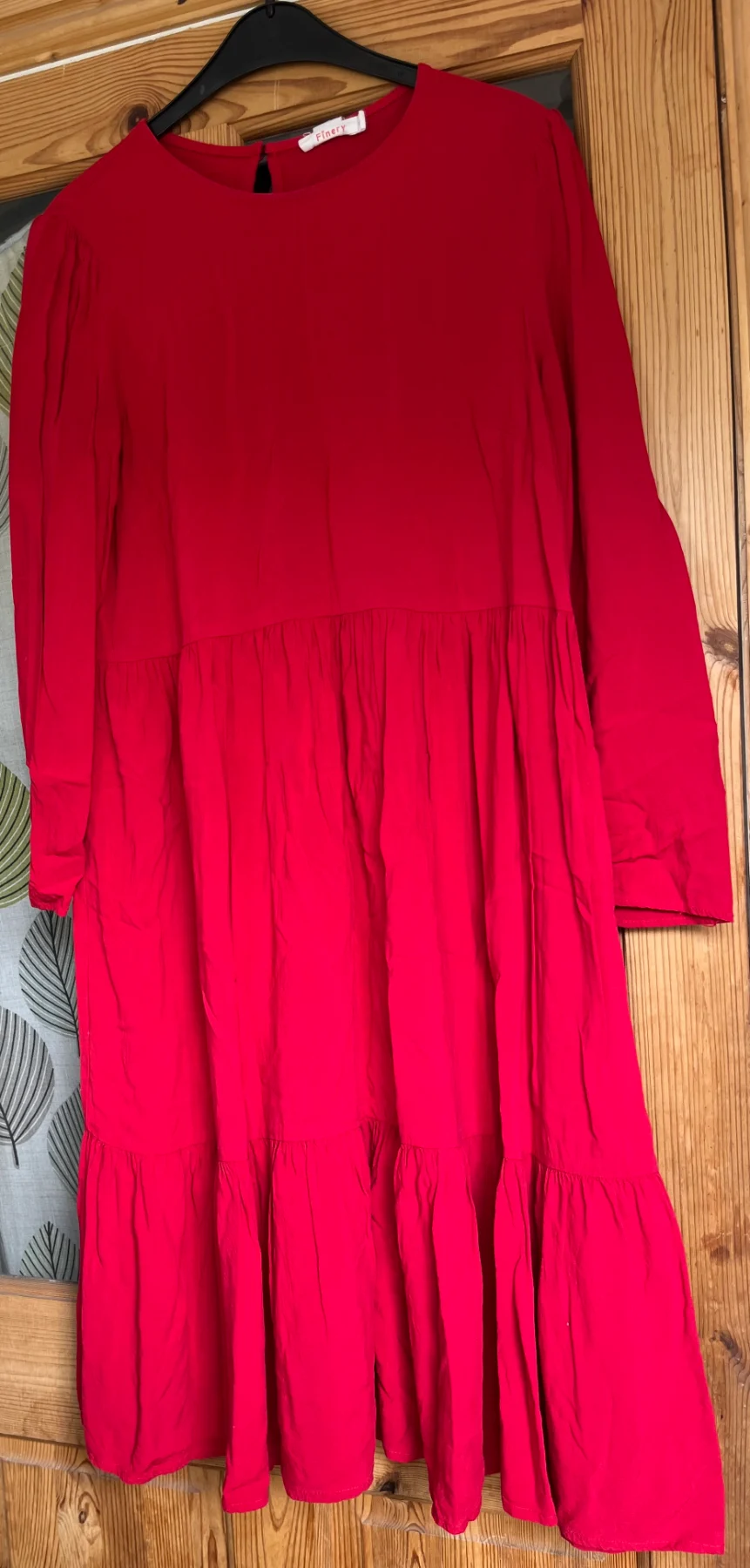 Finery London Red Tiered Smock Midi Dress Long Sleeve Prairie Dress Size 14 in VGC