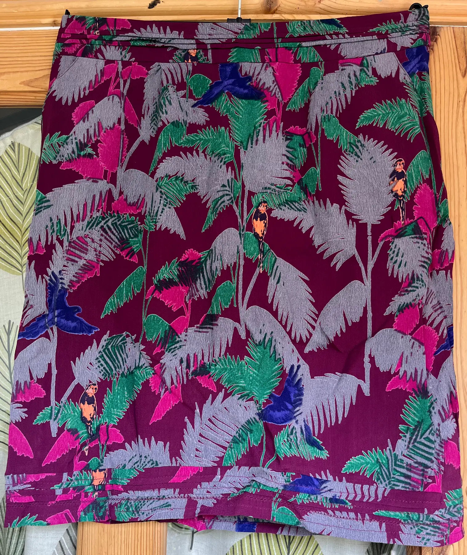 White Stuff Tropical Bird Palm Leaf Print Purple Skirt Pockets Lined Size 10 VGC