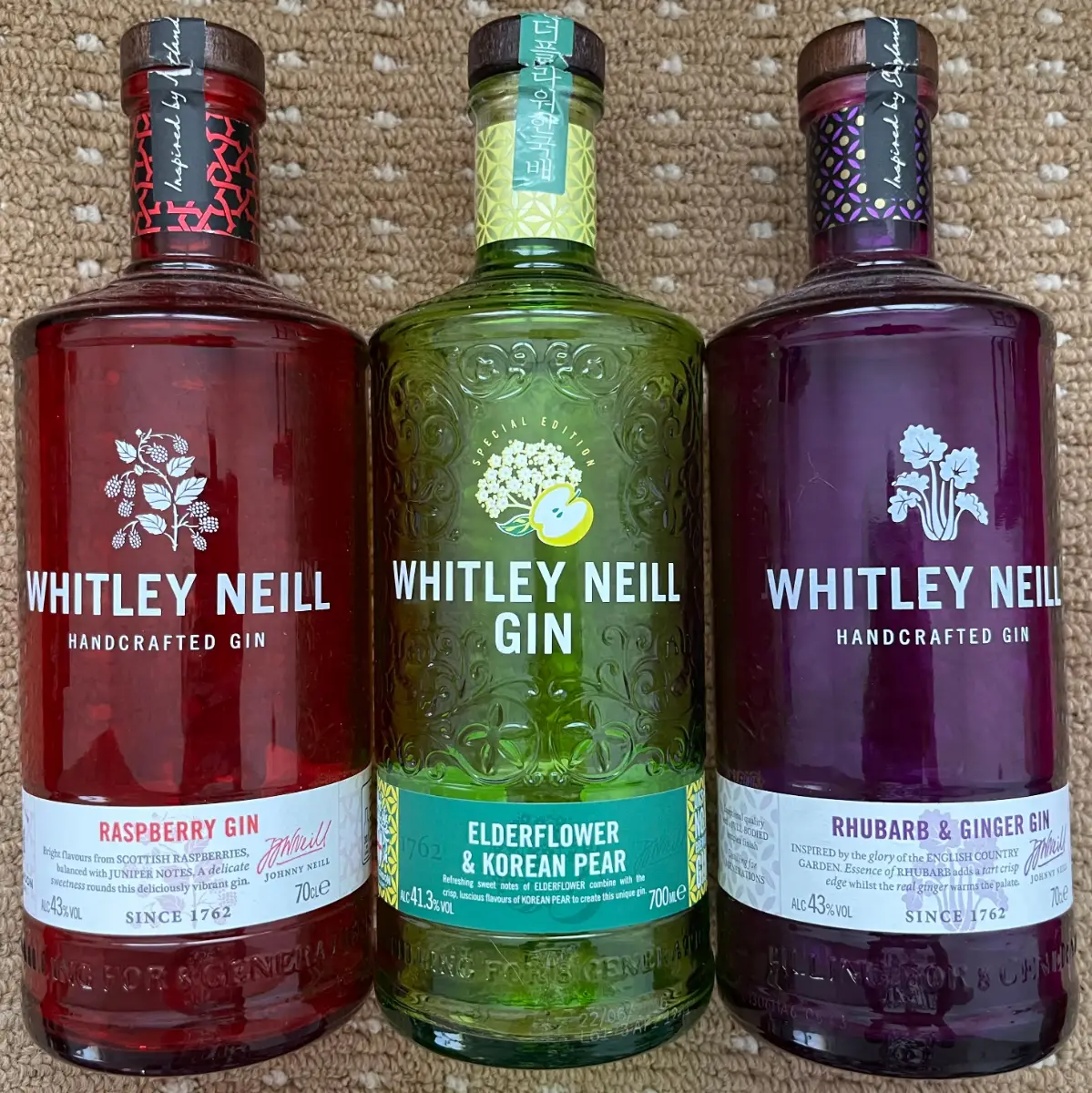 3 x Empty Whitley Neill Gin Bottles 70cl Red Green Purple Craft Lamps Fairy Lights Vases Upcycling V