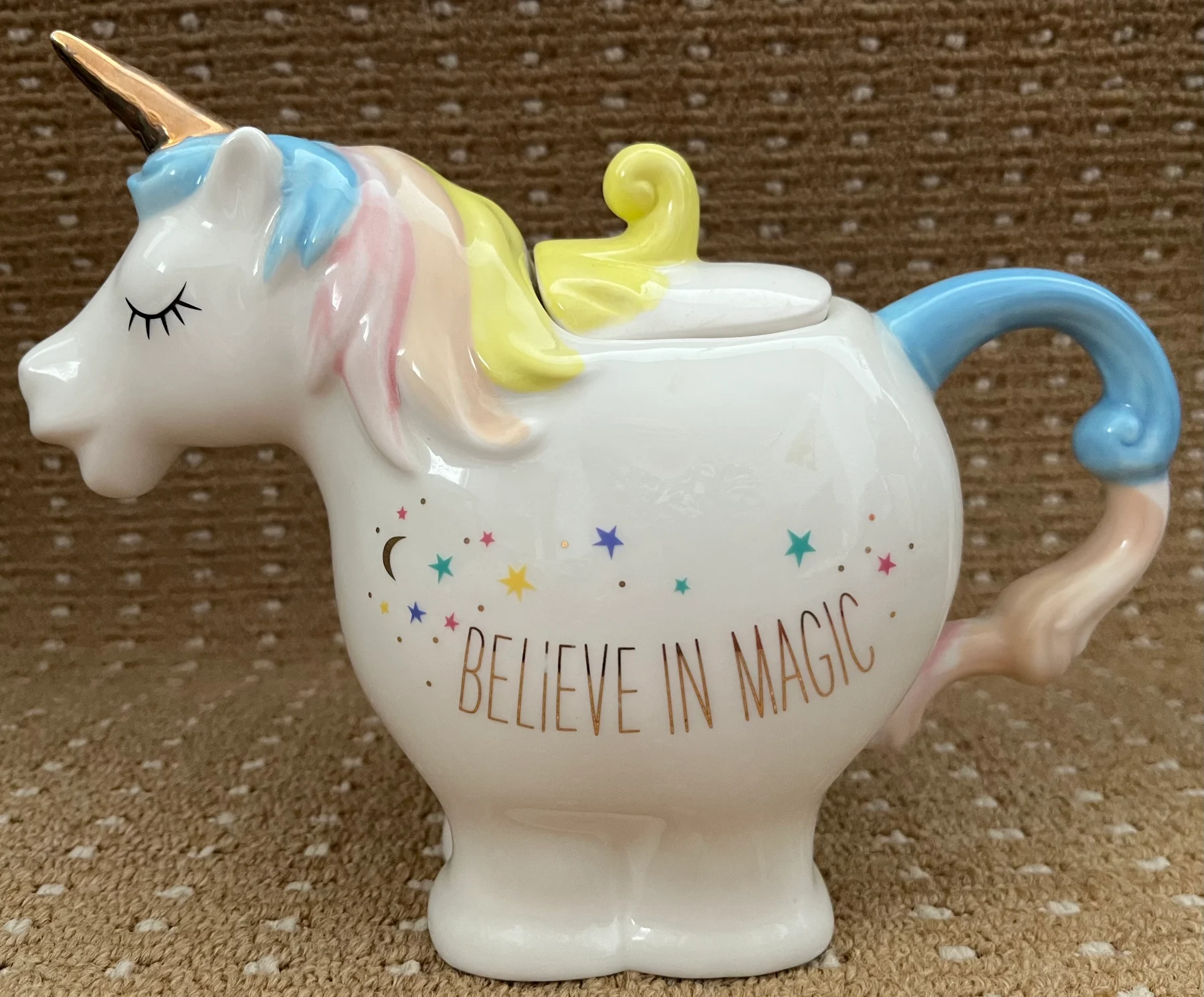 Believe In Magic Unicorn Novelty Teapot White Rainbow Pastel Gold Horn Asda VGC