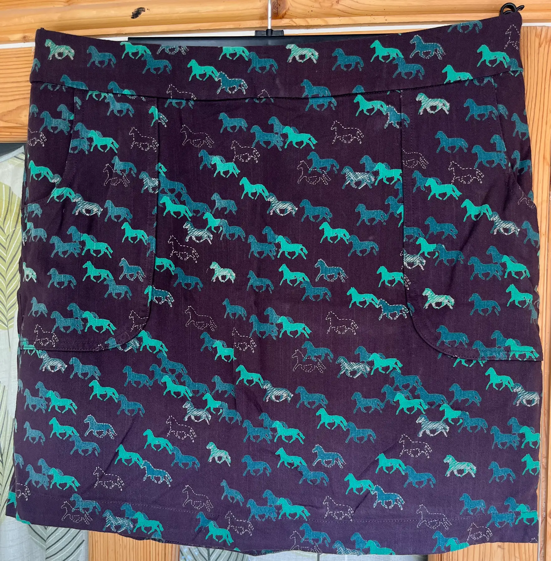 White Stuff Horse Pony Print Skirt Blue Green Teal Pockets Country Size 12 VGC