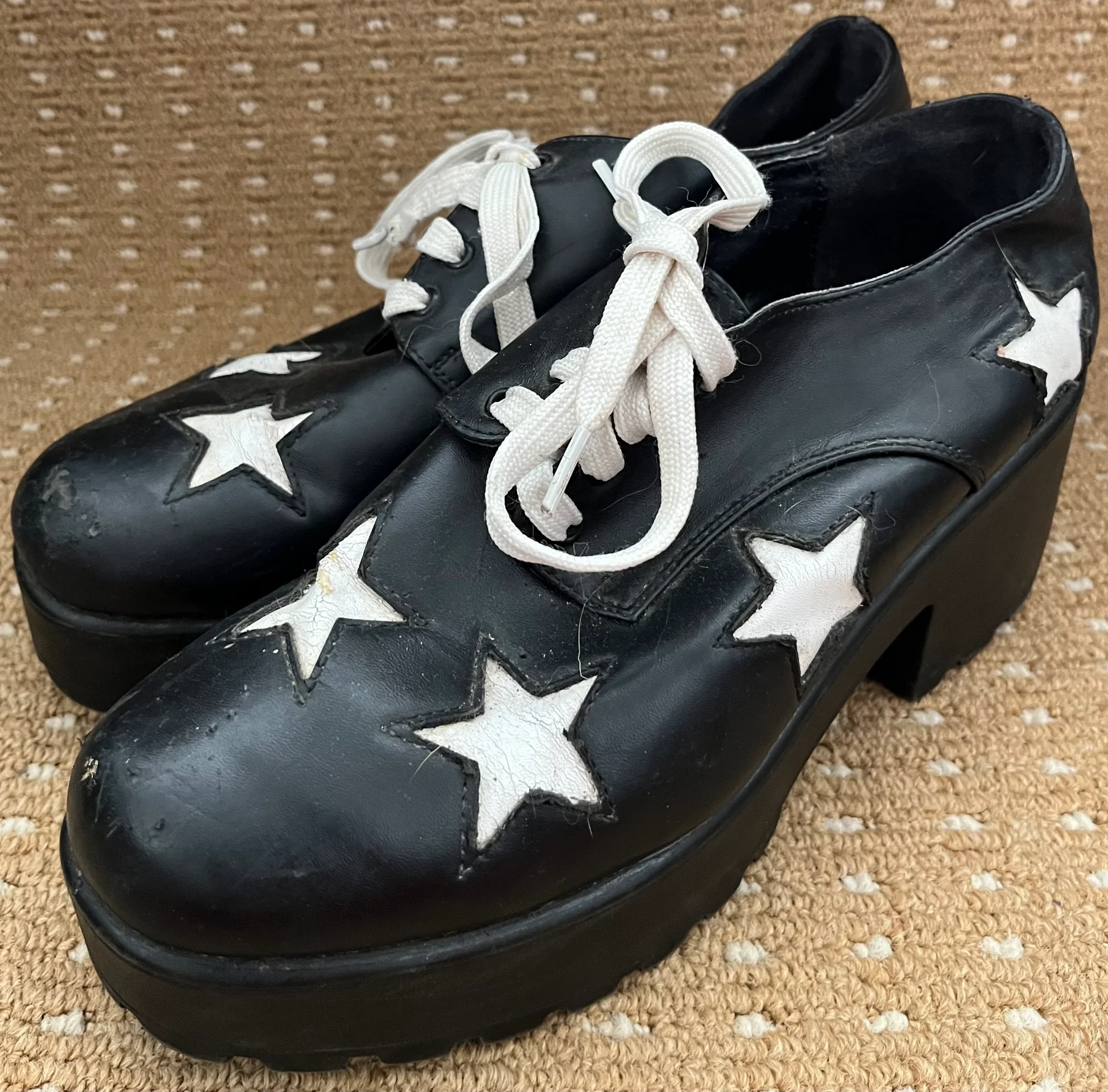 Vintage 90s Y2K Black White Stars Platform Shoes Harlequin Goth Jester Festival