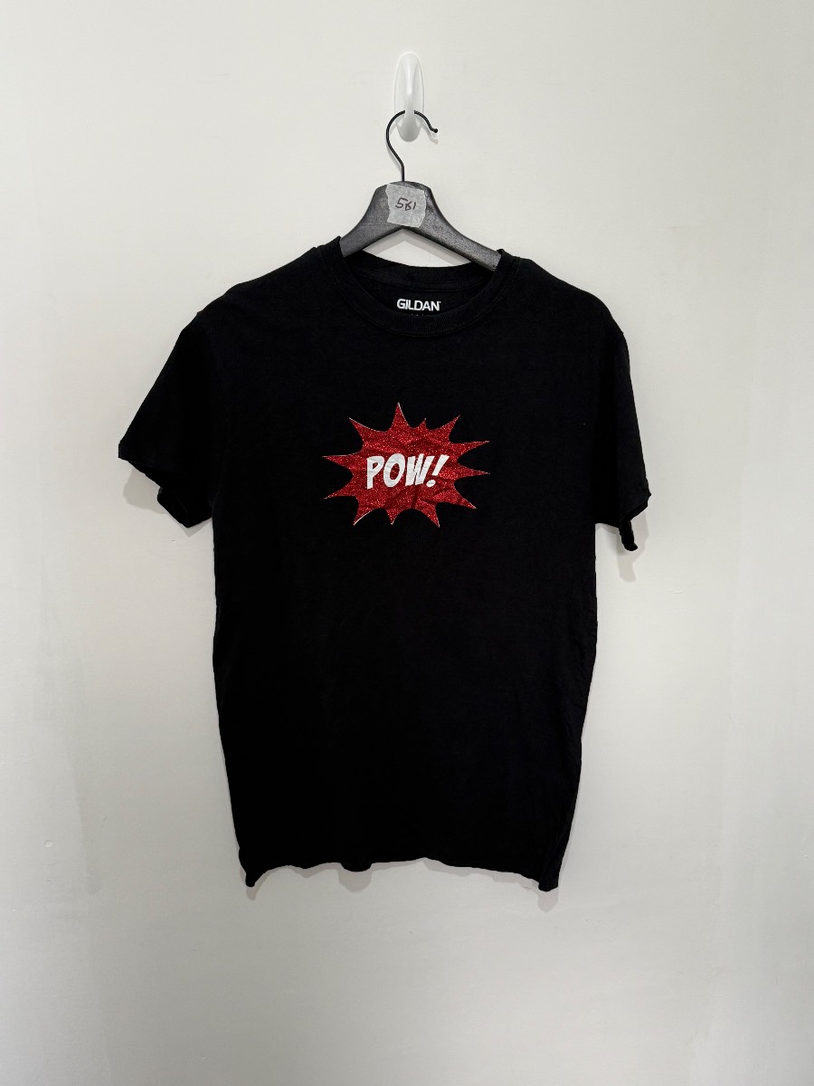 Gildan POW Comic Graphic T-Shirt Black Pop Art Superhero Speech Bubble Size S
