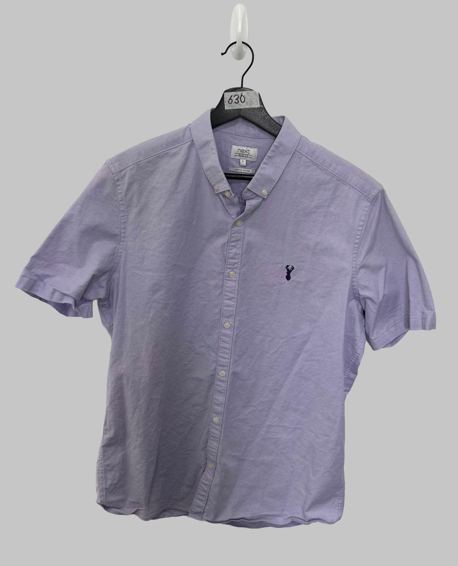 NEXT Men's Short Sleeve Shirt Large L Slim Fit Lilac Light Purple Stretch Oxford
