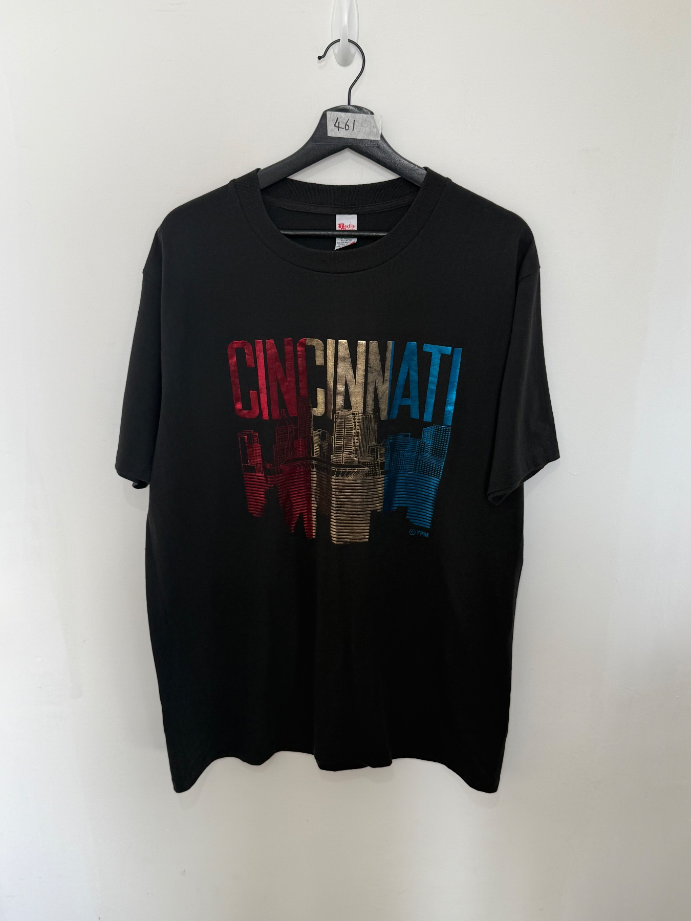 Vintage Cincinnati Skyline T Shirt Foil Metallic Black USA Made Textile Prints XL