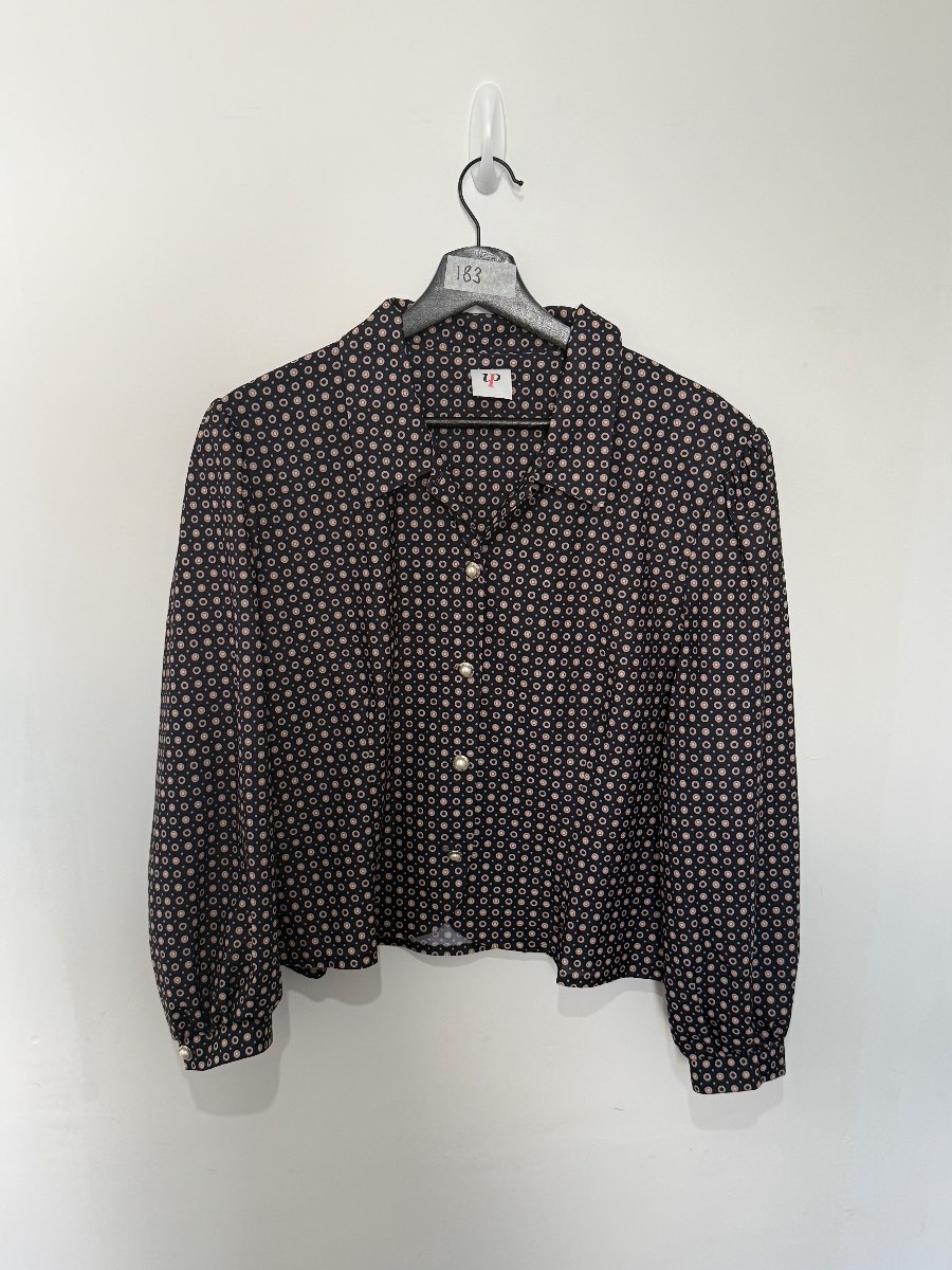 Vintage Style Pearl Button Blouse Shirt Navy Geometric Print Retro Boho Chic