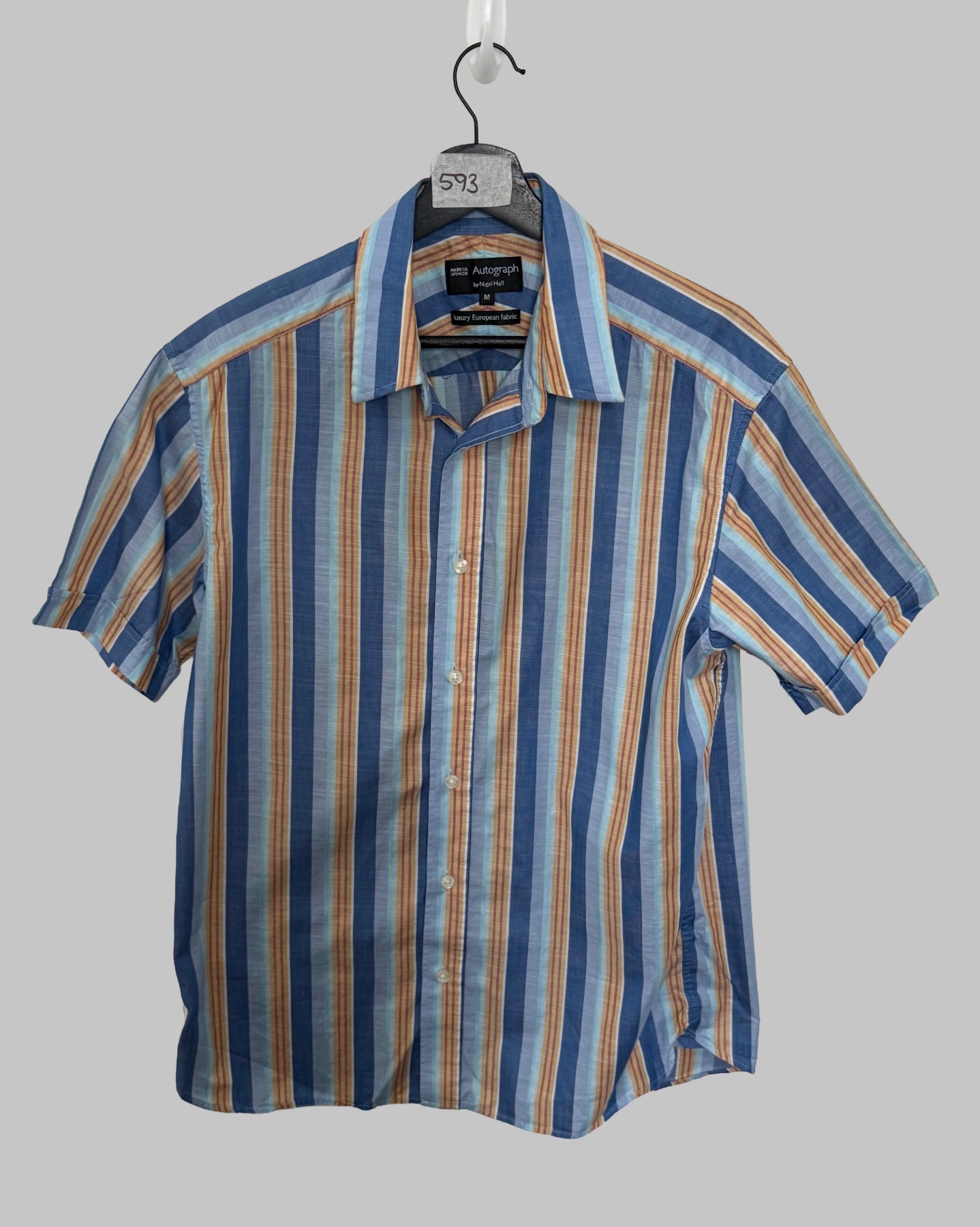 M&S Autograph Nigel Hall Mens Stripe Short Sleeve Shirt Size M Blue Orange Summer