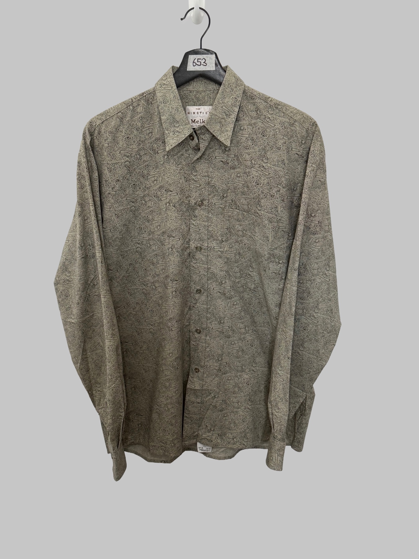 Vintage 90s Melka Paisley Shirt Mens Long Sleeve Button Up Beige Grey Made Portugal