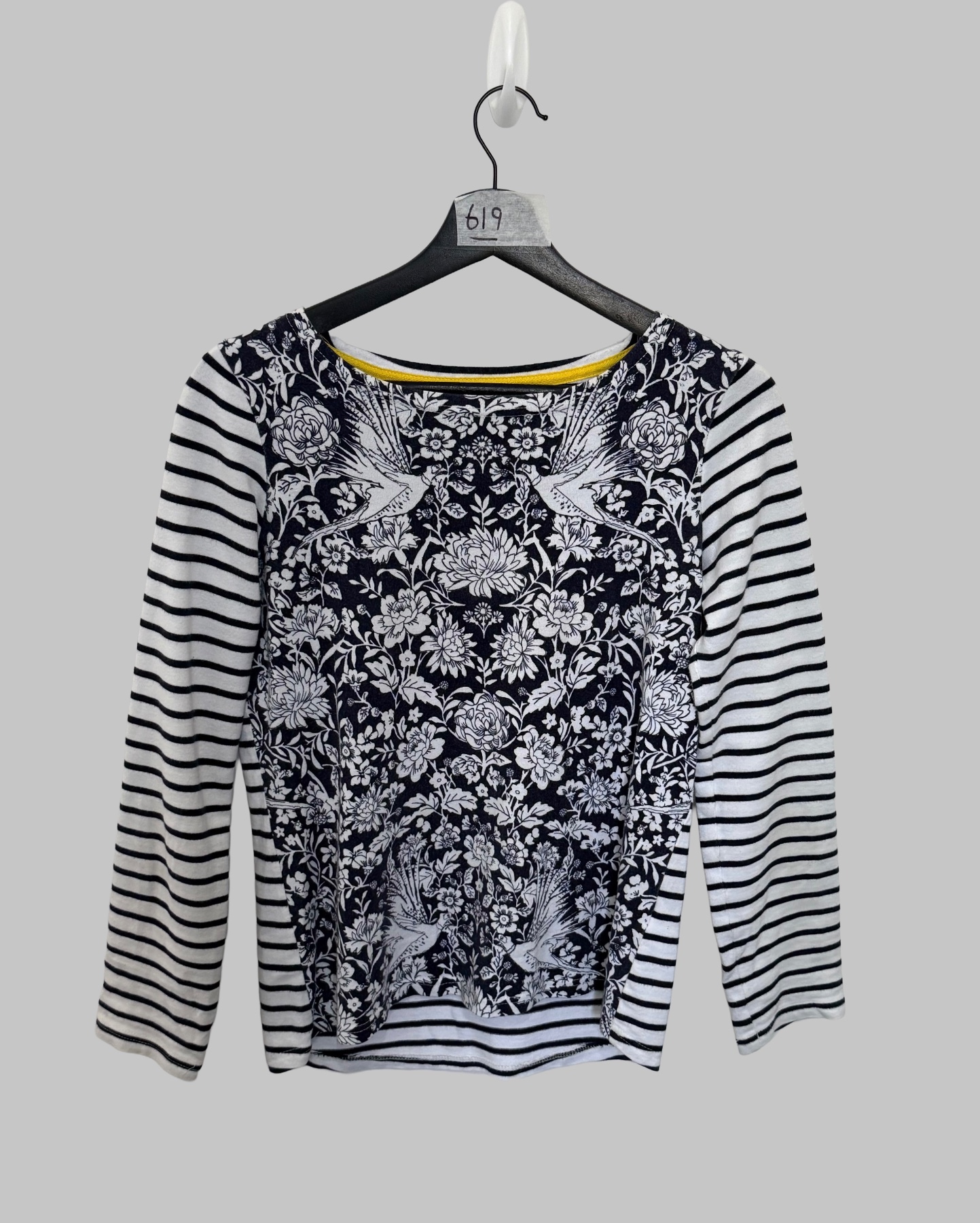 Joules Womens Top UK 8 EU 36 Navy White Striped Floral Bird Long Sleeve Harbour