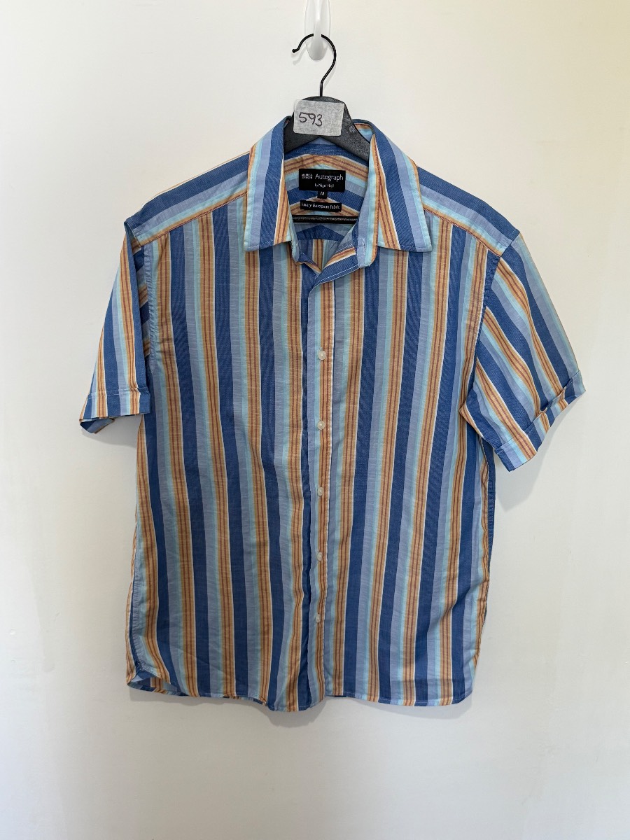 M&S Autograph Nigel Hall Mens Striped Short Sleeve Shirt Medium Blue Multi 38 40