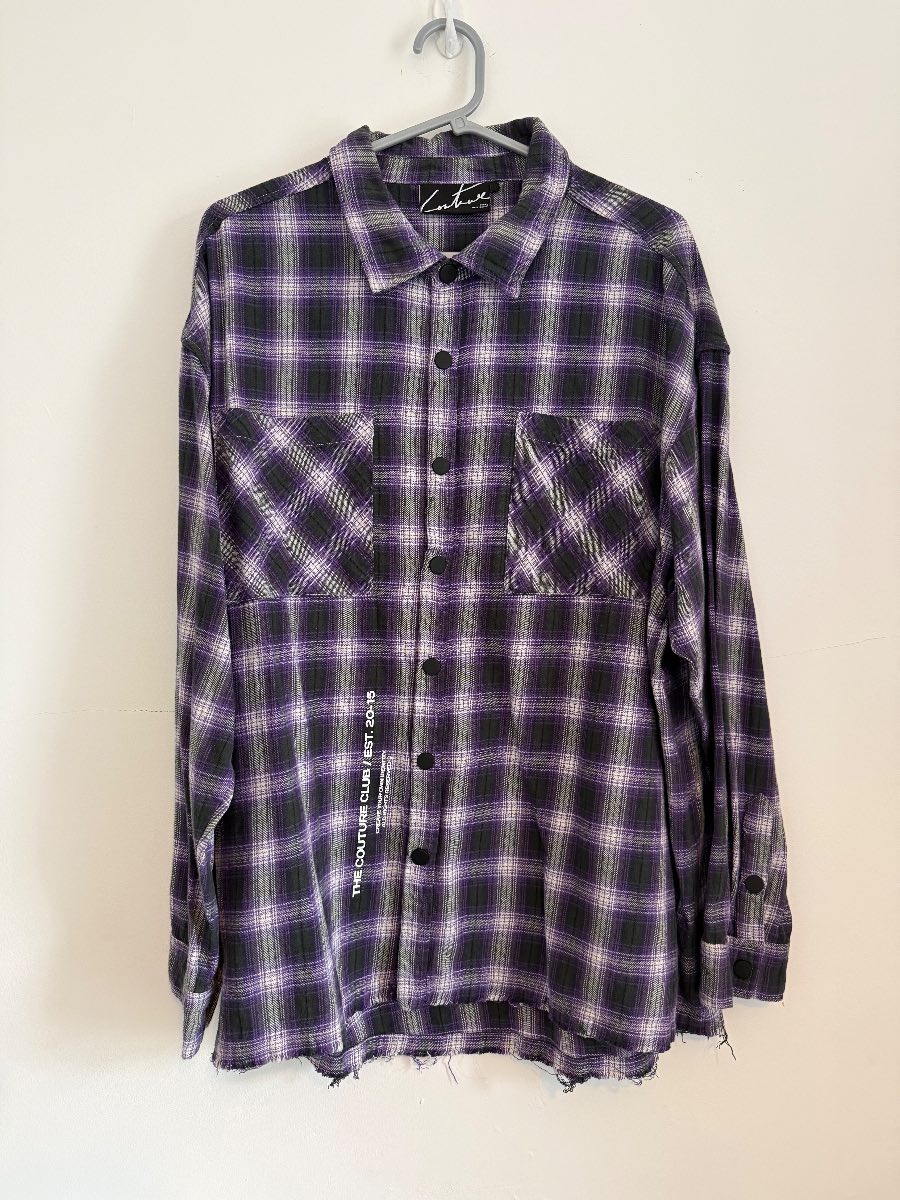 The Couture Club Purple Plaid Distressed Oversized Flannel Shirt - Size XL