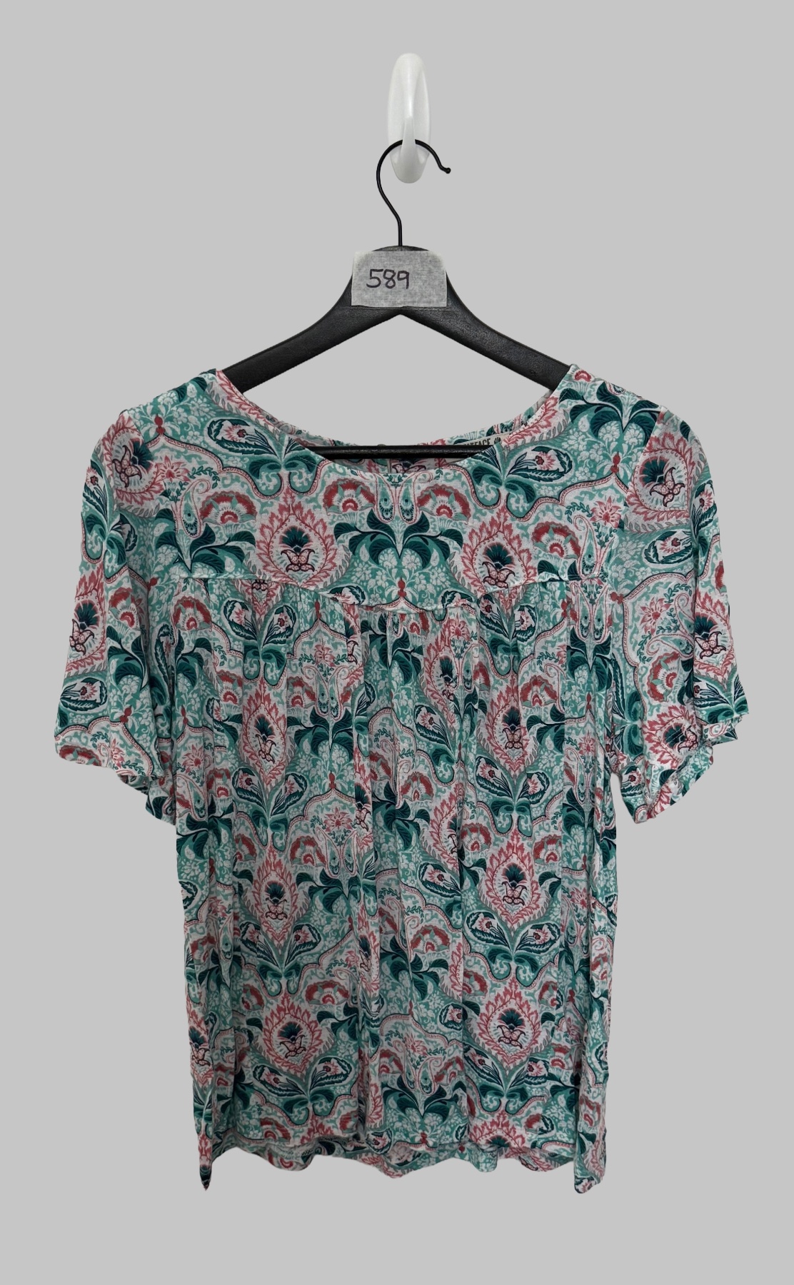FatFace Women's Teal Green Paisley Top Keyhole Back Short Sleeve Size UK 8 EU 36