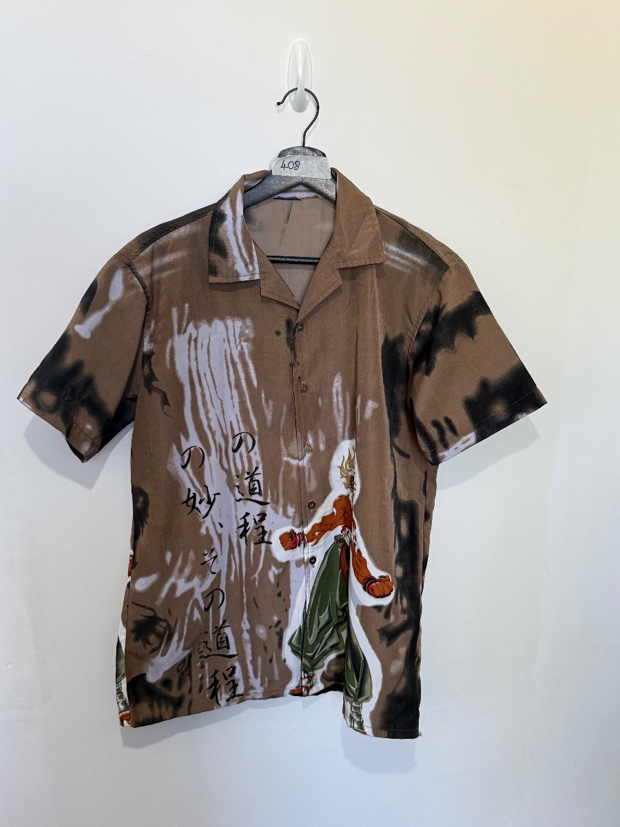 Mens Japanese Anime Manga Short Sleeve Shirt Brown Graphic Japanese Script