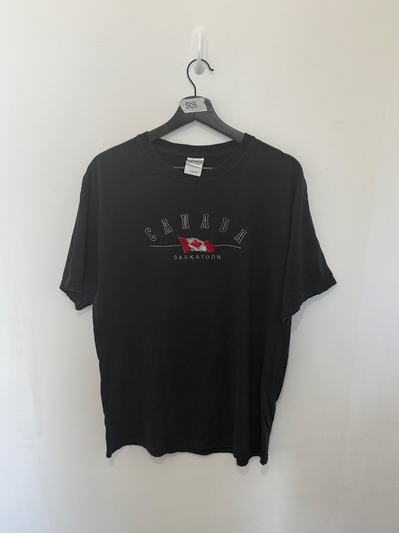 Vintage Gildan Black Canada Saskatoon Flag Embroidered T-Shirt Mens Size Large L