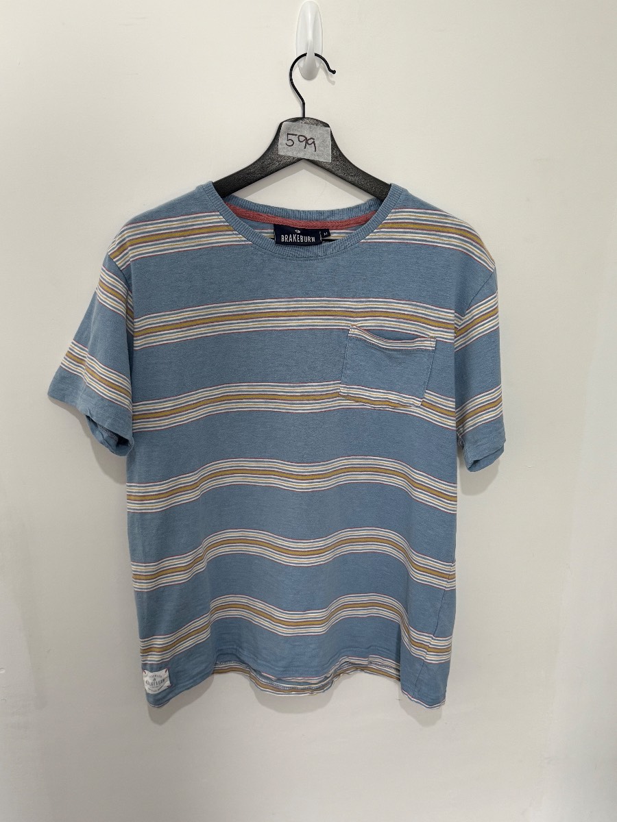 BRAKEBURN Mens Striped T Shirt Size M Medium Blue Pocket Short Sleeve Casual