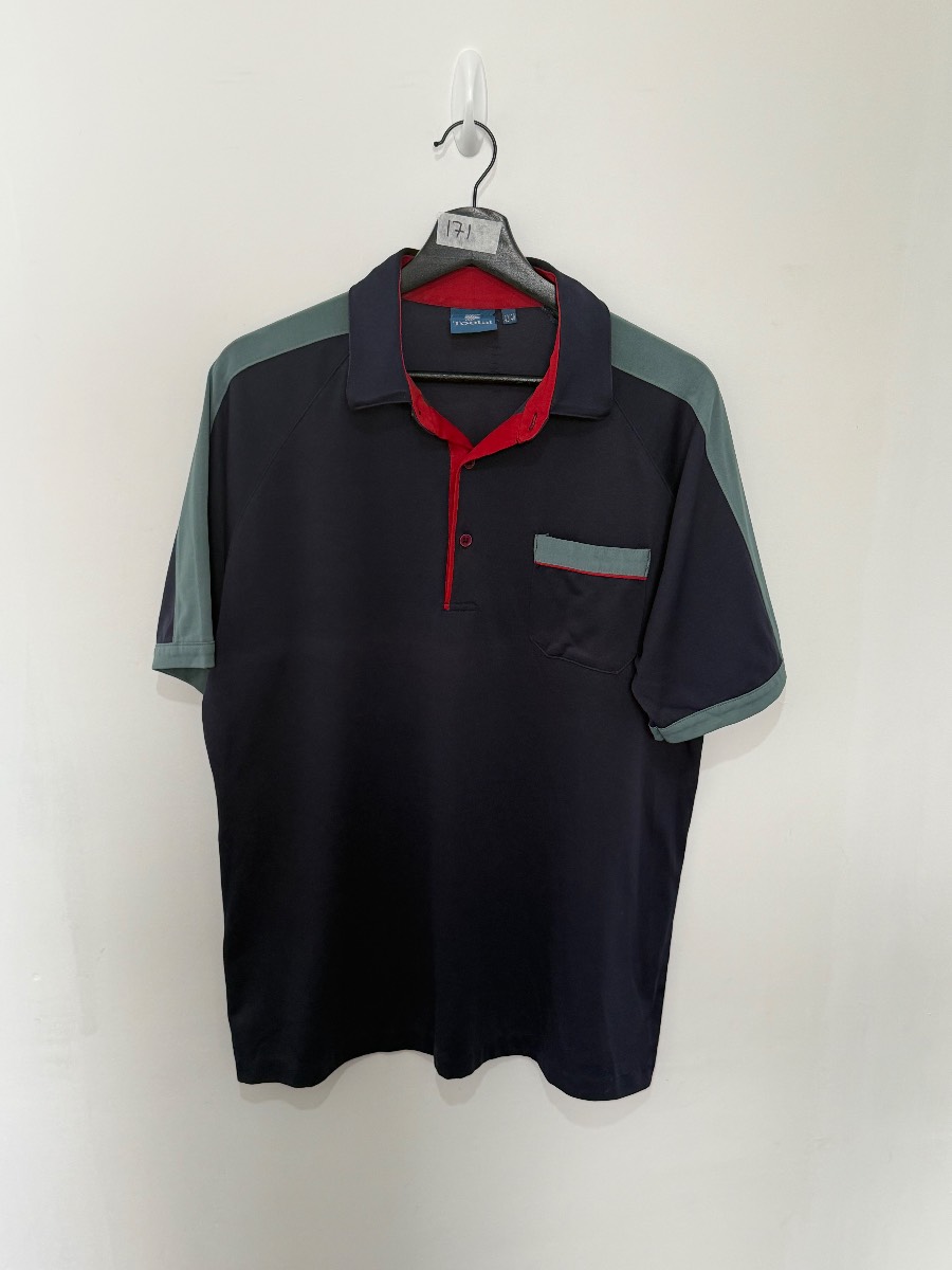 Vintage Tootal Mens Polo Shirt Large 42/44 Colour Block Navy Green Red Mod Retro