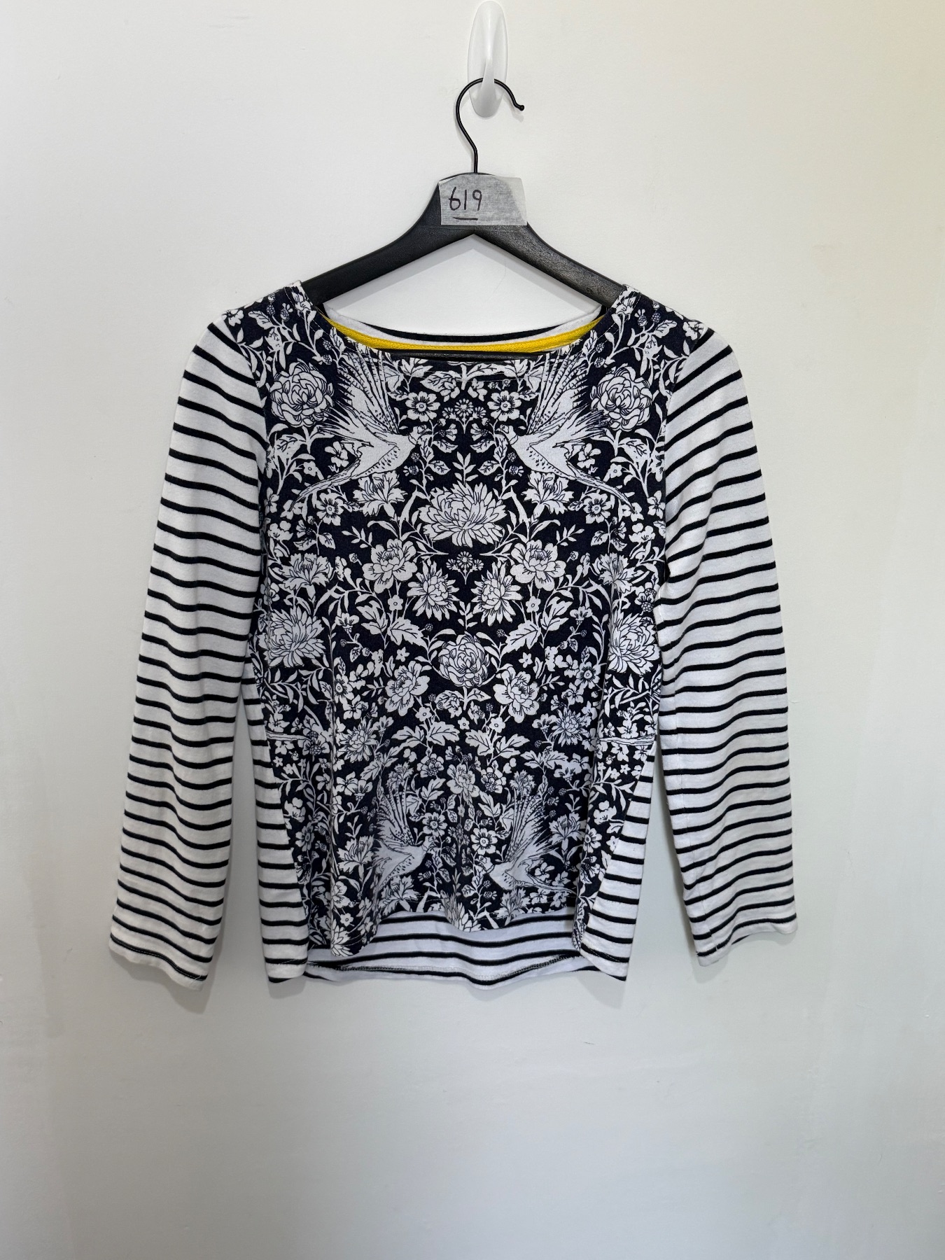 Joules Womens Floral Bird Striped Long Sleeve Top Navy White Breton Boat Neck Cotton