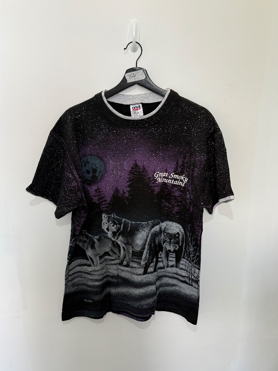 Vintage 90s San Segal Great Smoky Mountains Wolves All Over Print T-Shirt Anvil L