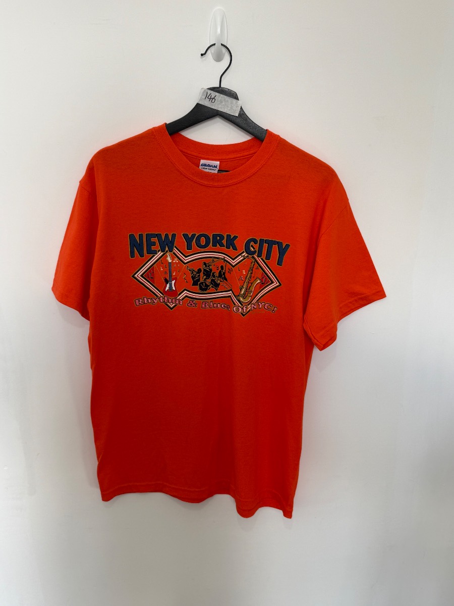 Vintage NYC Rhythm & Blues Graphic T Shirt Orange Gildan Medium Mens Jazz Music
