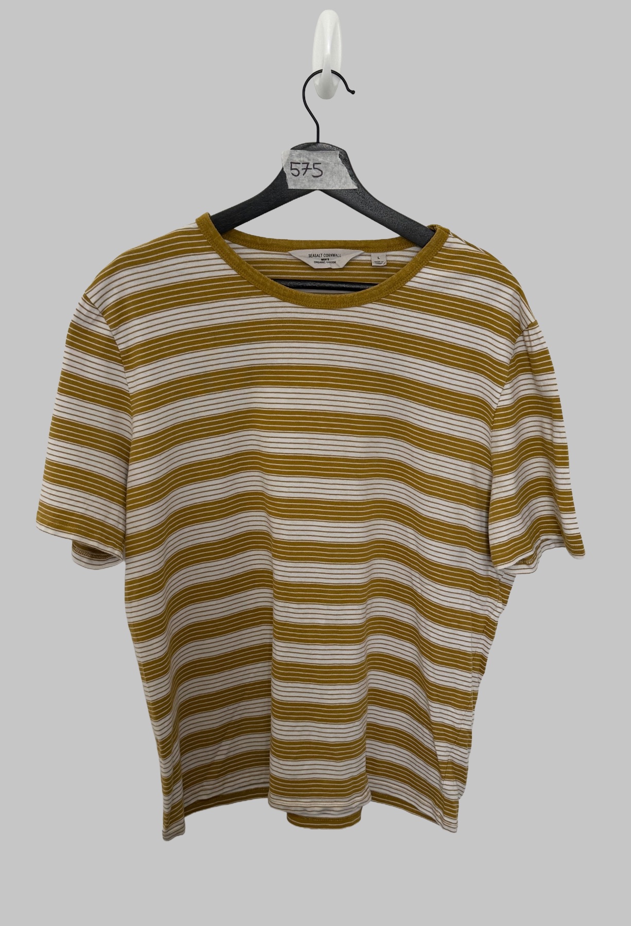 Seasalt Cornwall Men’s Striped T-Shirt Size L Mustard Yellow Organic Cotton Top