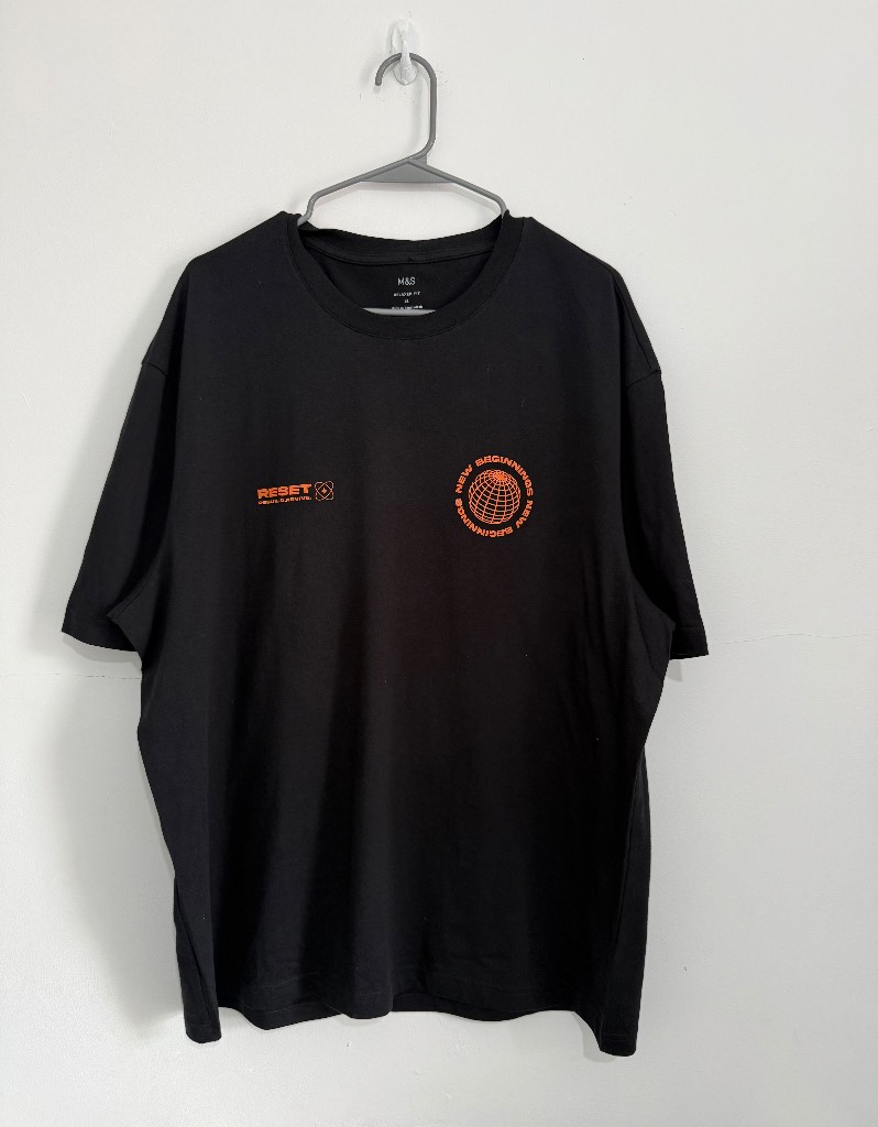 M&S "New Beginnings" Graphic T-Shirt - Black & Orange - Relaxed Fit XL