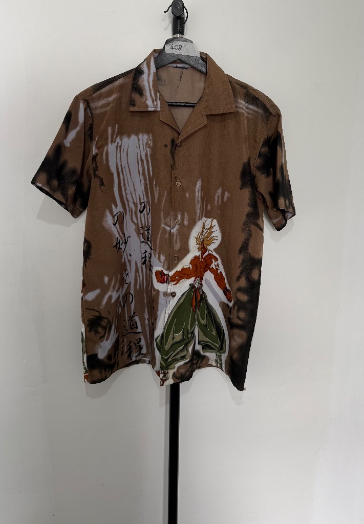 Men's Anime Graphic Button Up Shirt Brown Vintage Manga Y2K Festival Short Sleeve