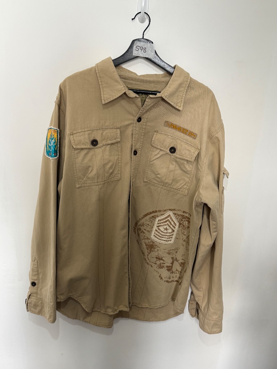 24K Gold Label Military Shirt Mens XL Khaki Heavy Cotton Utility Overshirt Y2K