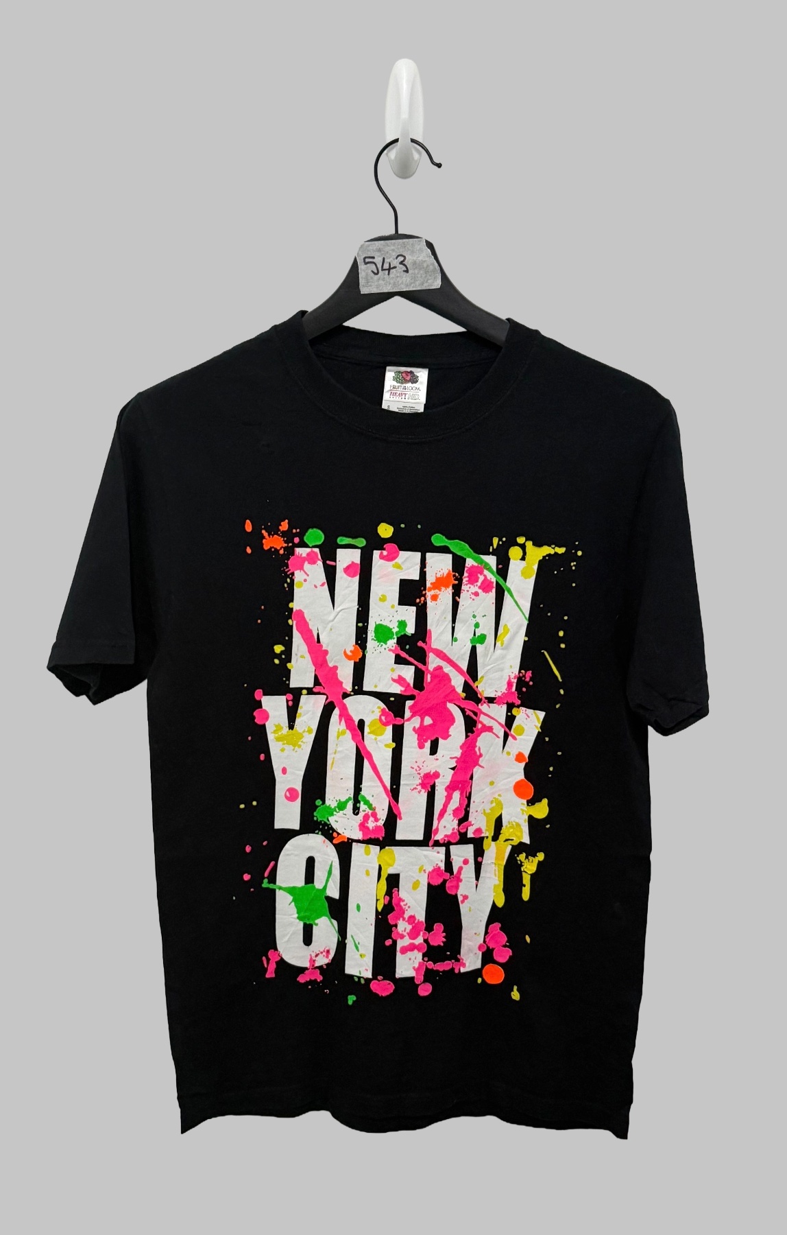 Fruit of the Loom New York City NYC Graphic T Shirt Small Black Neon Paint Splatter