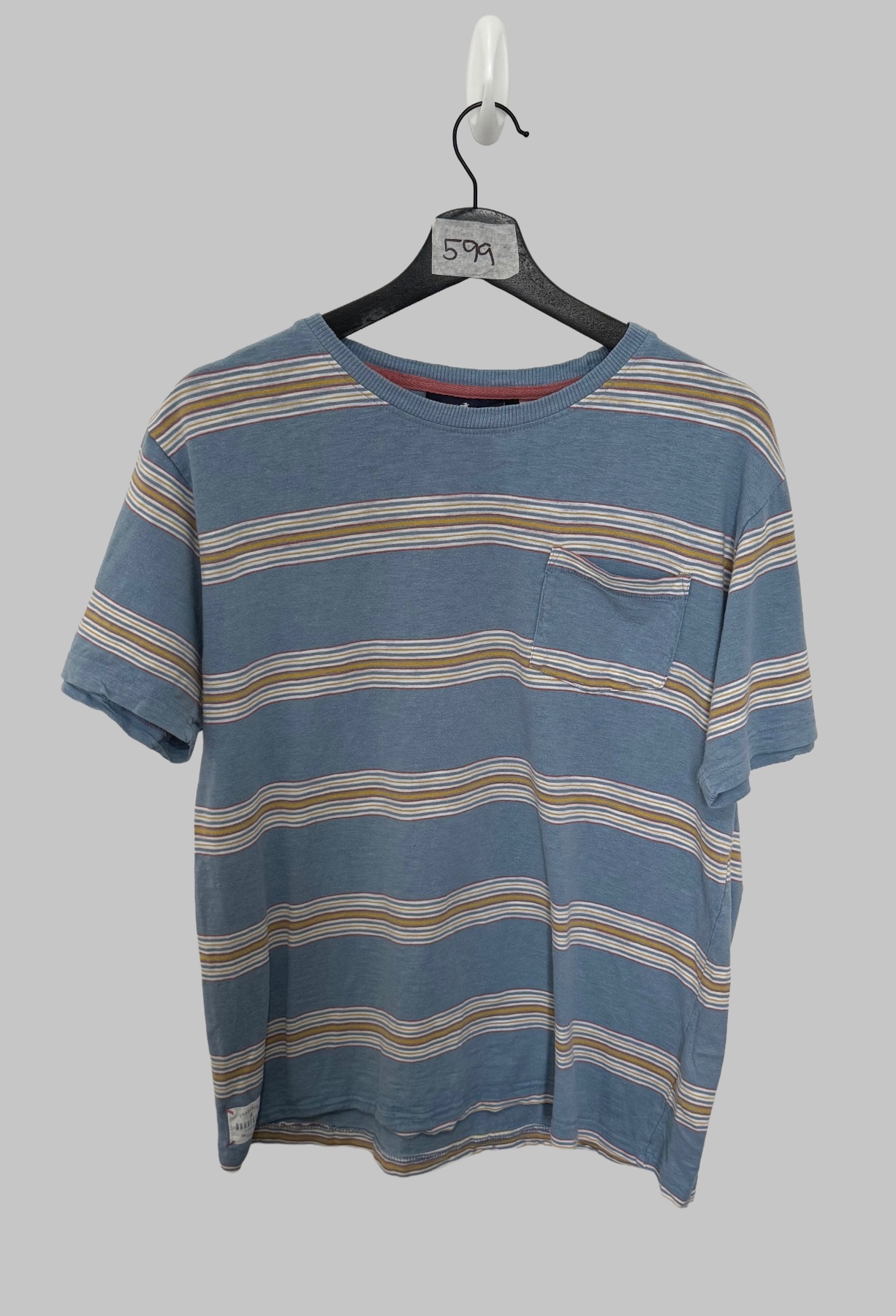 Brakeburn Mens Striped T-Shirt Size M Blue Yellow Pocket Crew Neck Short Sleeve