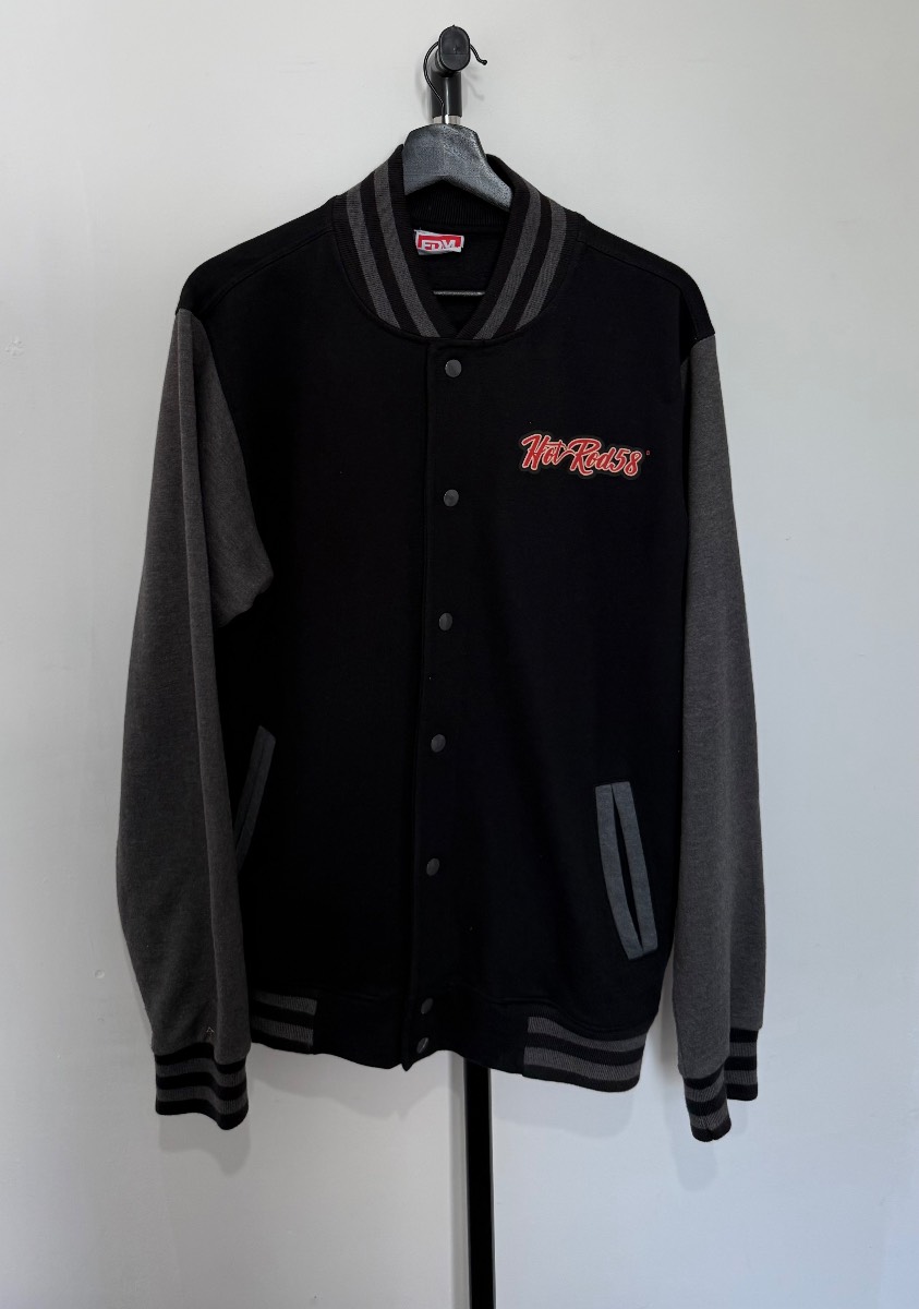 Hot Rod 58 Varsity Jacket Mens M Black Grey Built Not Bought Rockabilly FDM Car