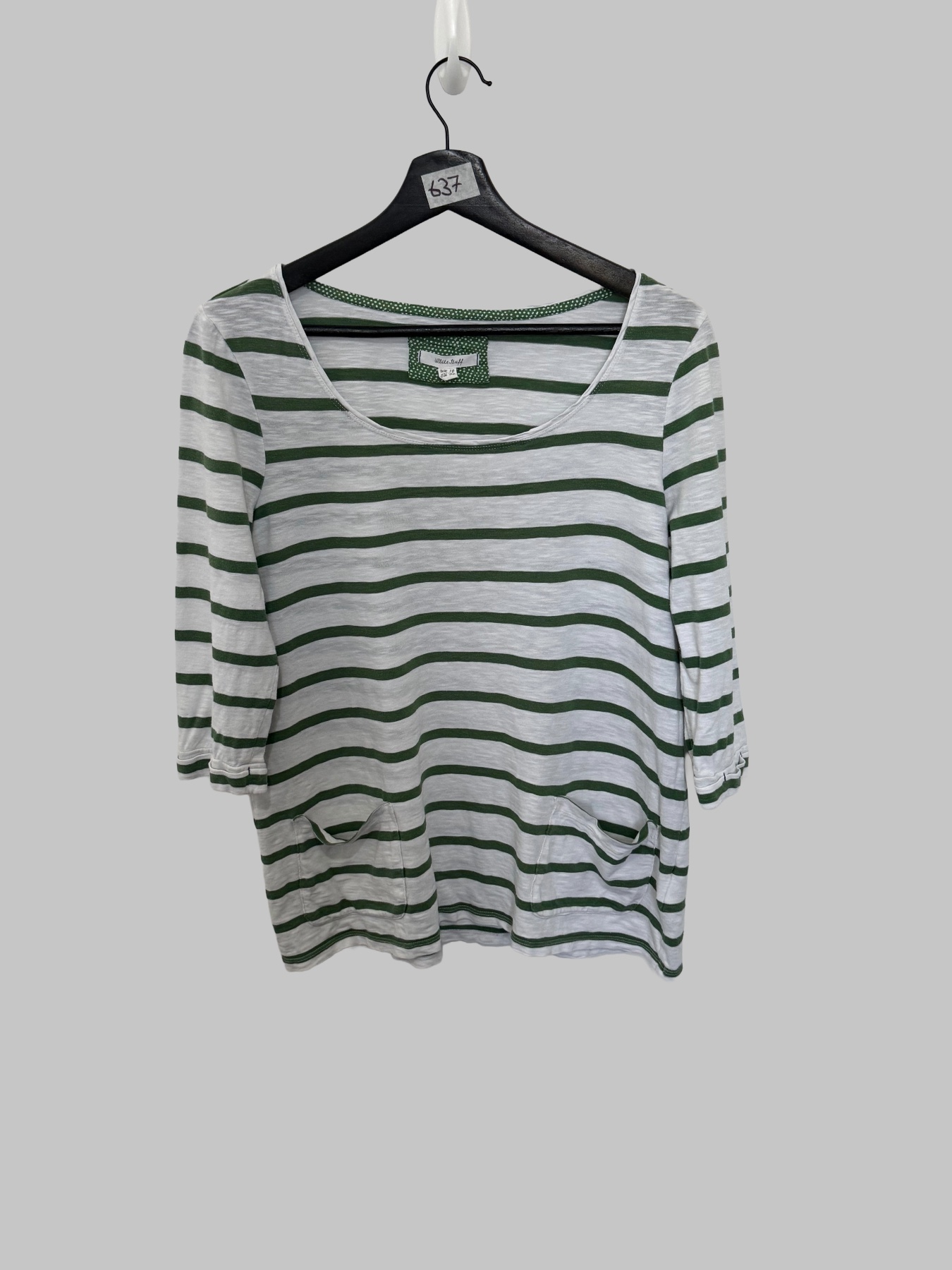 White Stuff Top Womens UK 10 EU 38 Green White Striped Cotton 3/4 Sleeve Pockets