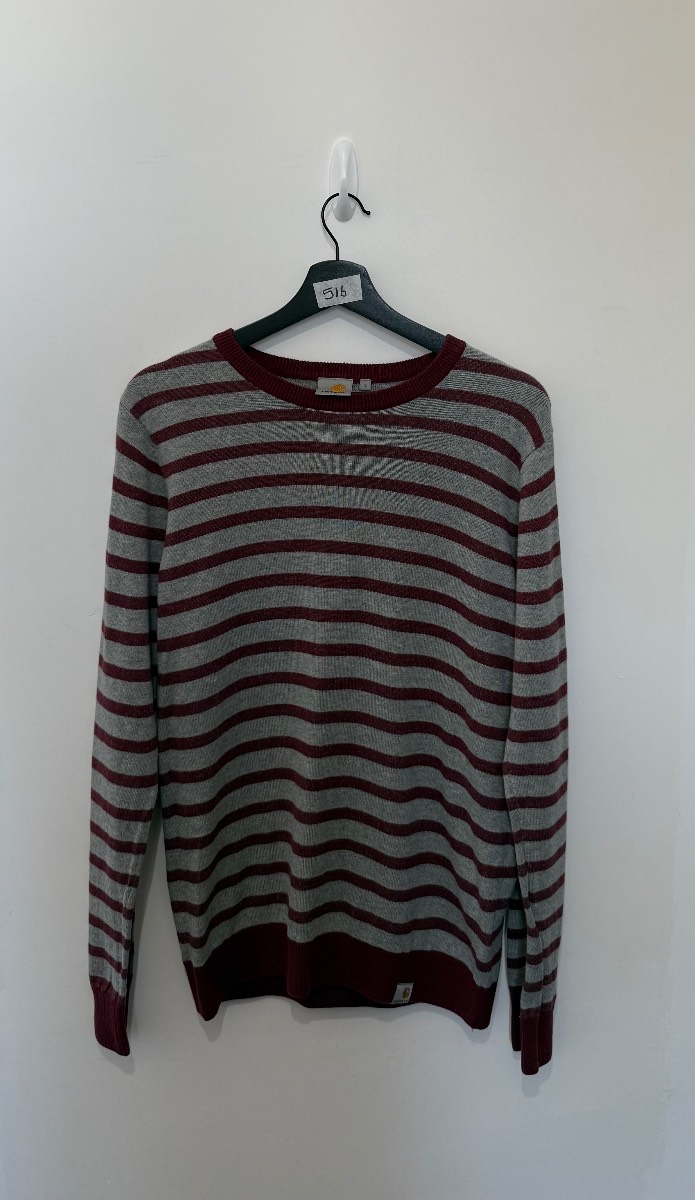 Carhartt WIP Mens Striped Jumper Small S Grey Burgundy Maroon Knit Crewneck Sweater