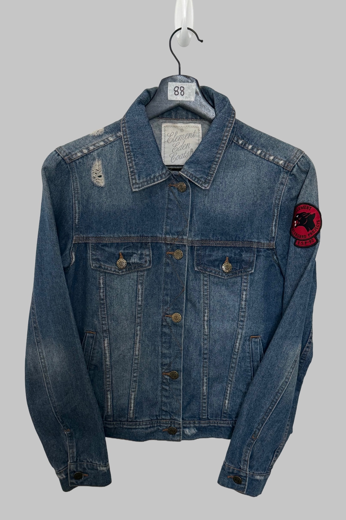 Element Eden Womens Distressed Denim Jacket Blue Medium Wash Skate Sleeve Patch S