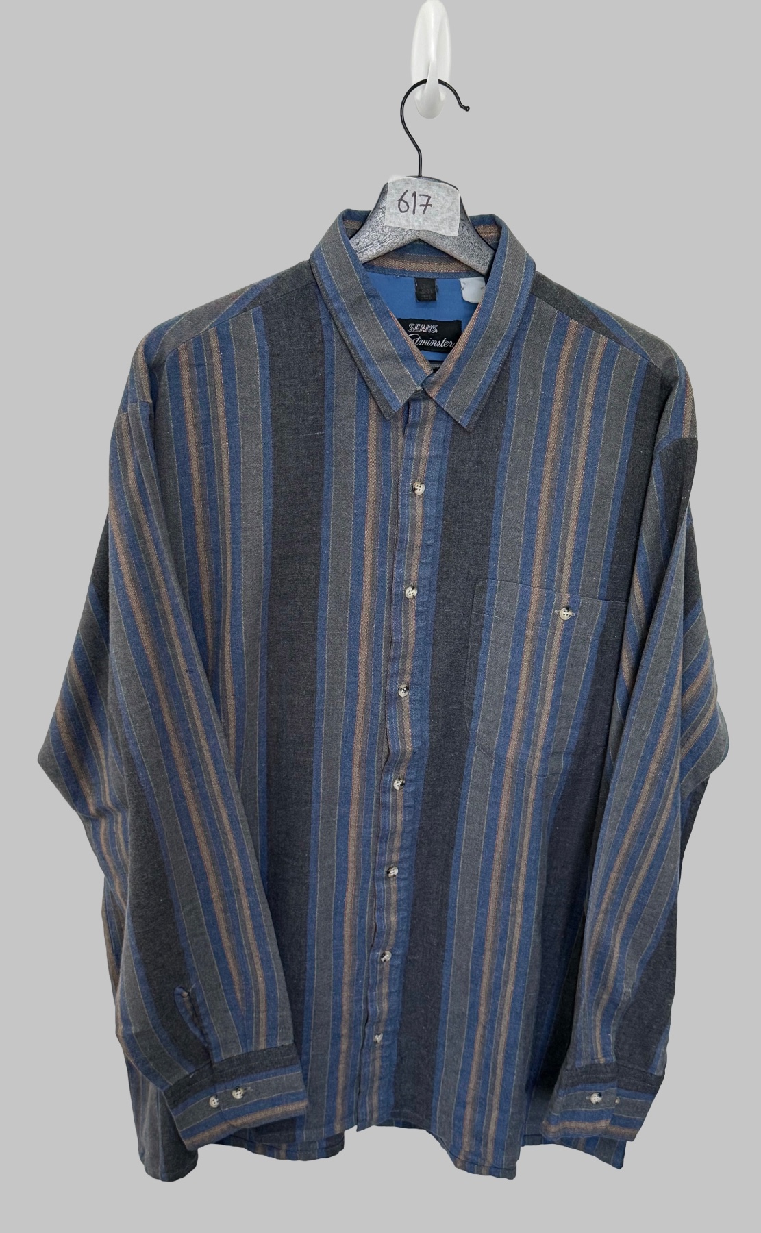 Vintage Sears Westminster Shirt Mens XL Tall Grey Blue Striped Flannel Retro 90s