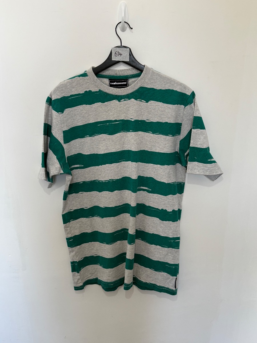 The Hundreds Mens T Shirt Medium Green Grey Painted Striped Short Sleeve Crew Neck