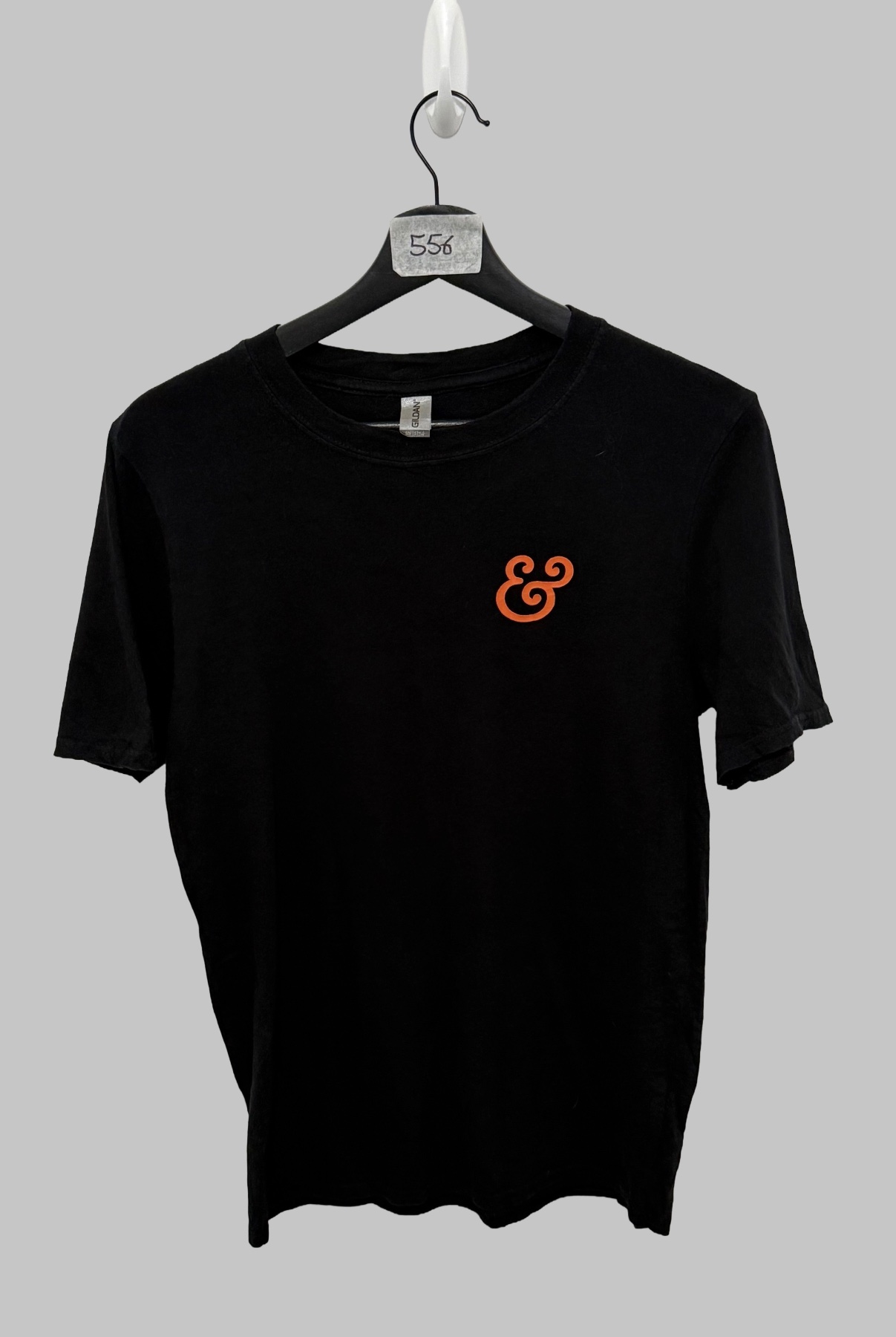 Gildan Softstyle Mens T-Shirt Size S Black Graphic Ampersand Orange Logo Tee