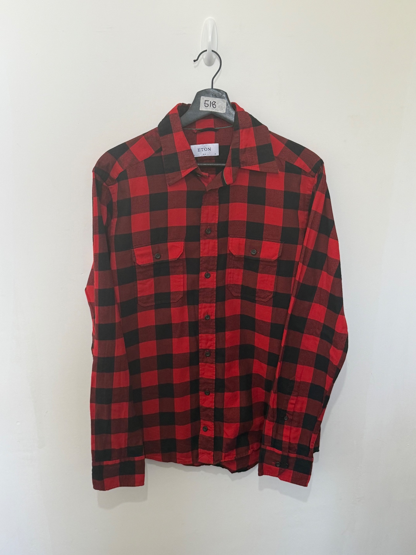 ETON Shirt Mens Medium 40 Slim Fit Red Black Buffalo Plaid Check Flannel Long Sleeve