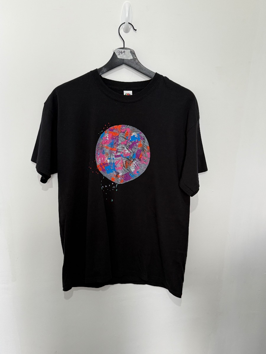 Fruit of the Loom Black T-Shirt Mens Large Graphic Tee Abstract Sphere Print