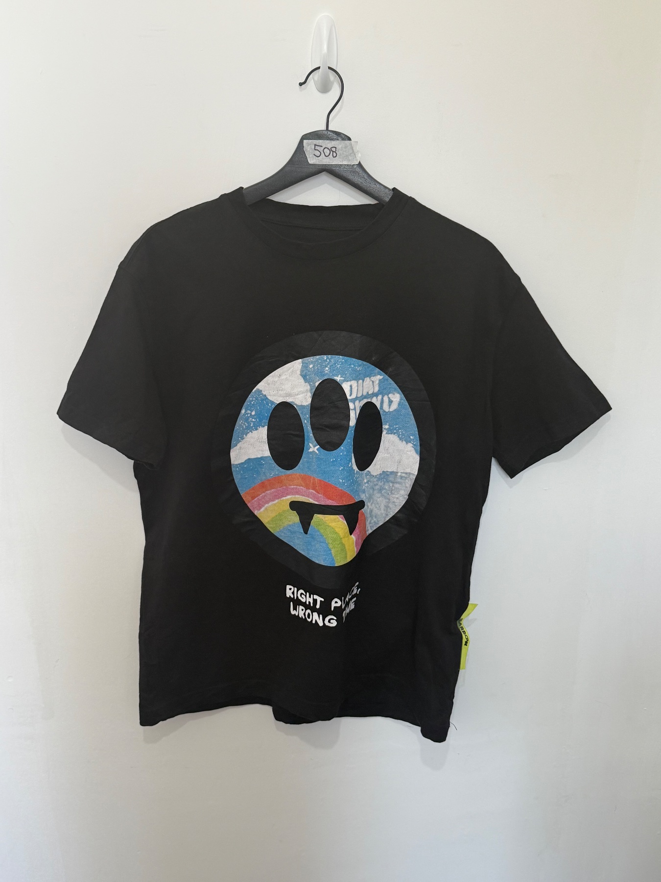 BARROW Black Graphic T-Shirt Right Place Wrong Time Smiley Rainbow Tee Large L