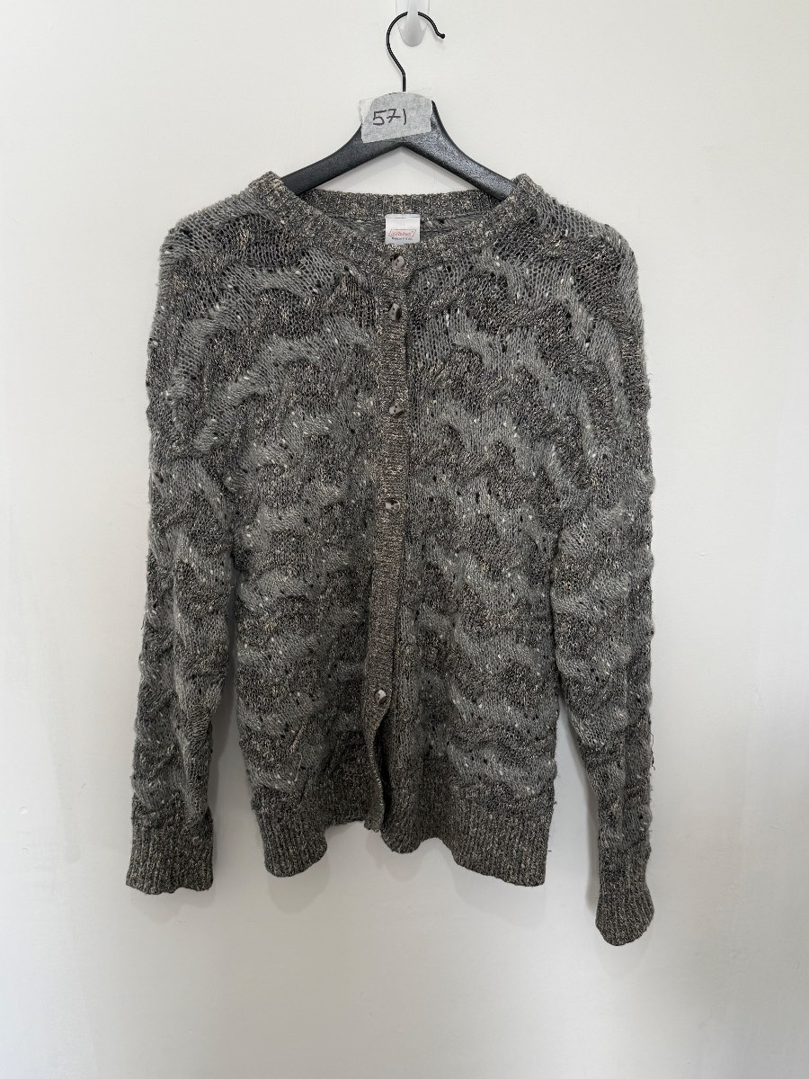 Vintage St Michael Grey Cardigan Knit Sweater 12 14 M&S Cable Open Stitch UK Made