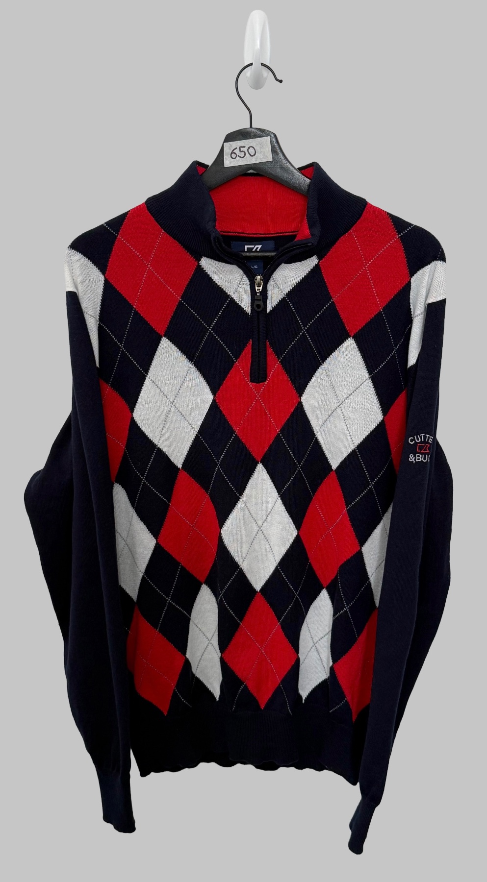 Cutter & Buck Mens Argyle 1/4 Zip Jumper Navy Red Golf Pullover Sweater Size L