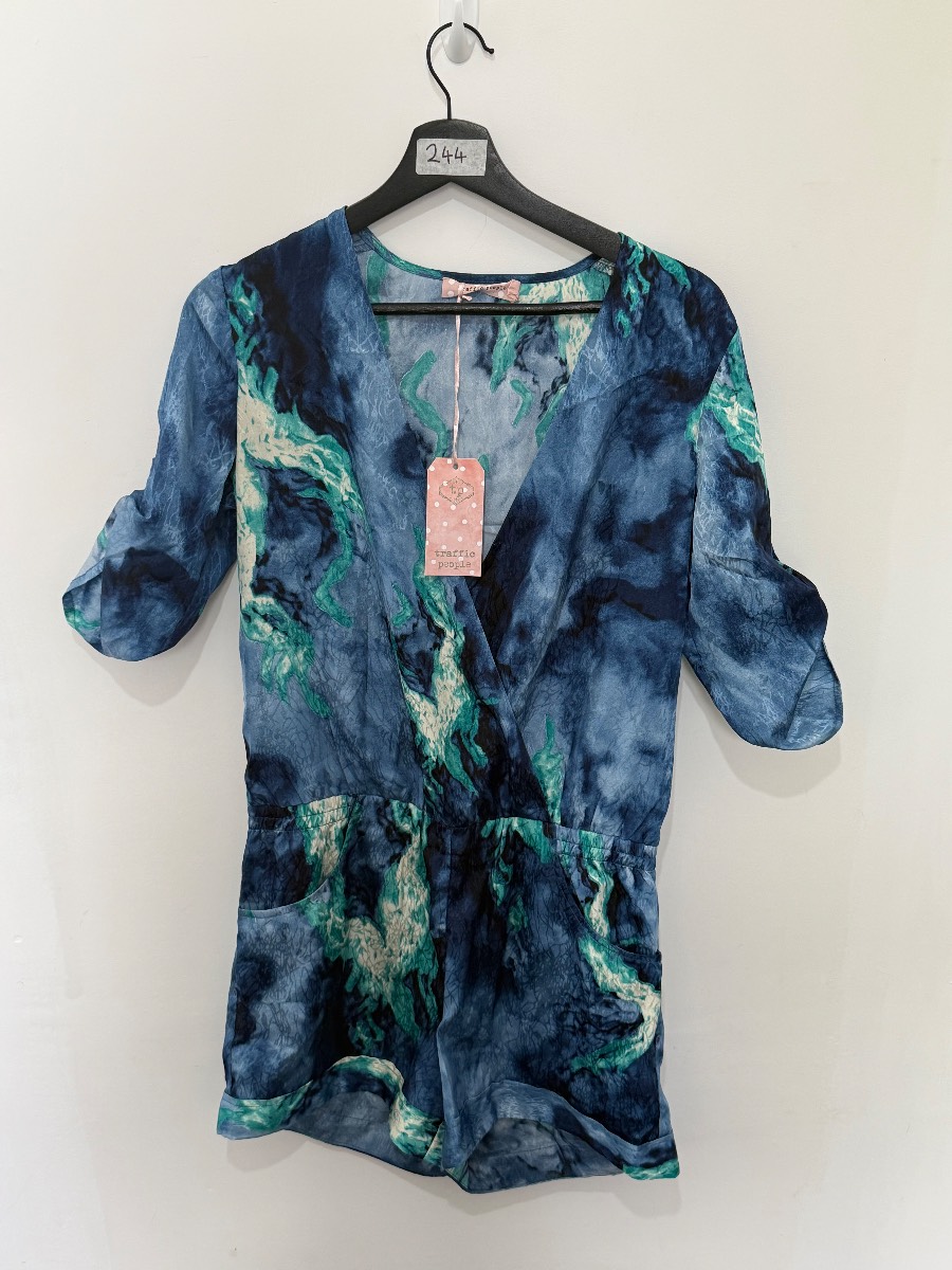 NWT Traffic People Womens Abstract Print Playsuit Medium Blue Teal Romper Top