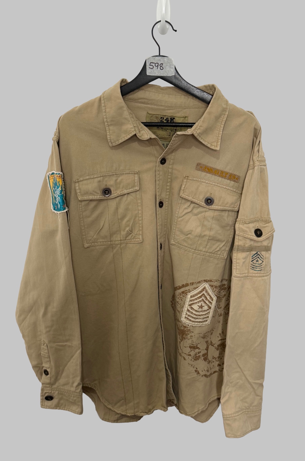 Vintage 24K Gold Label Military Utility Shirt XL Tan Patches Graphic Y2K Shacket