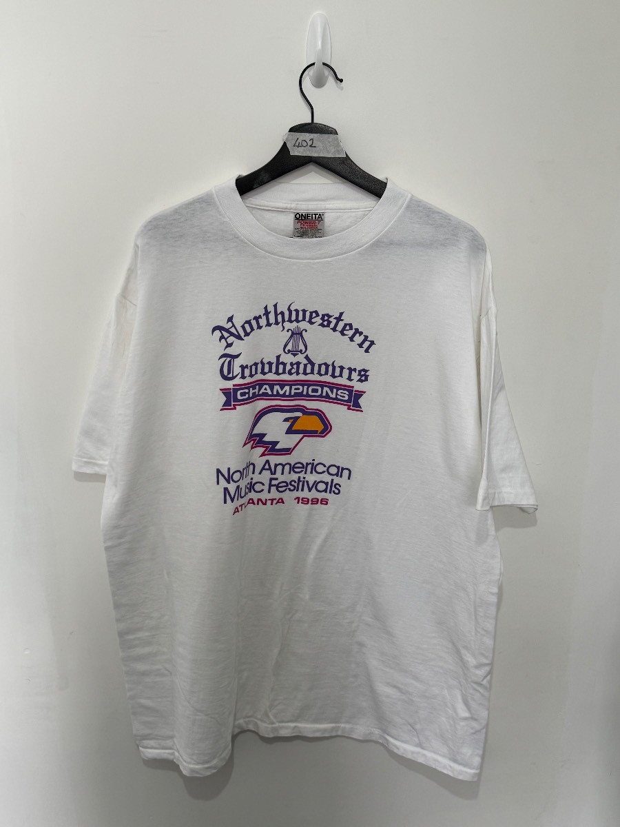 Vintage 90s Oneita Power T Shirt Mens XL White Northwestern Troubadours 1996 Tee