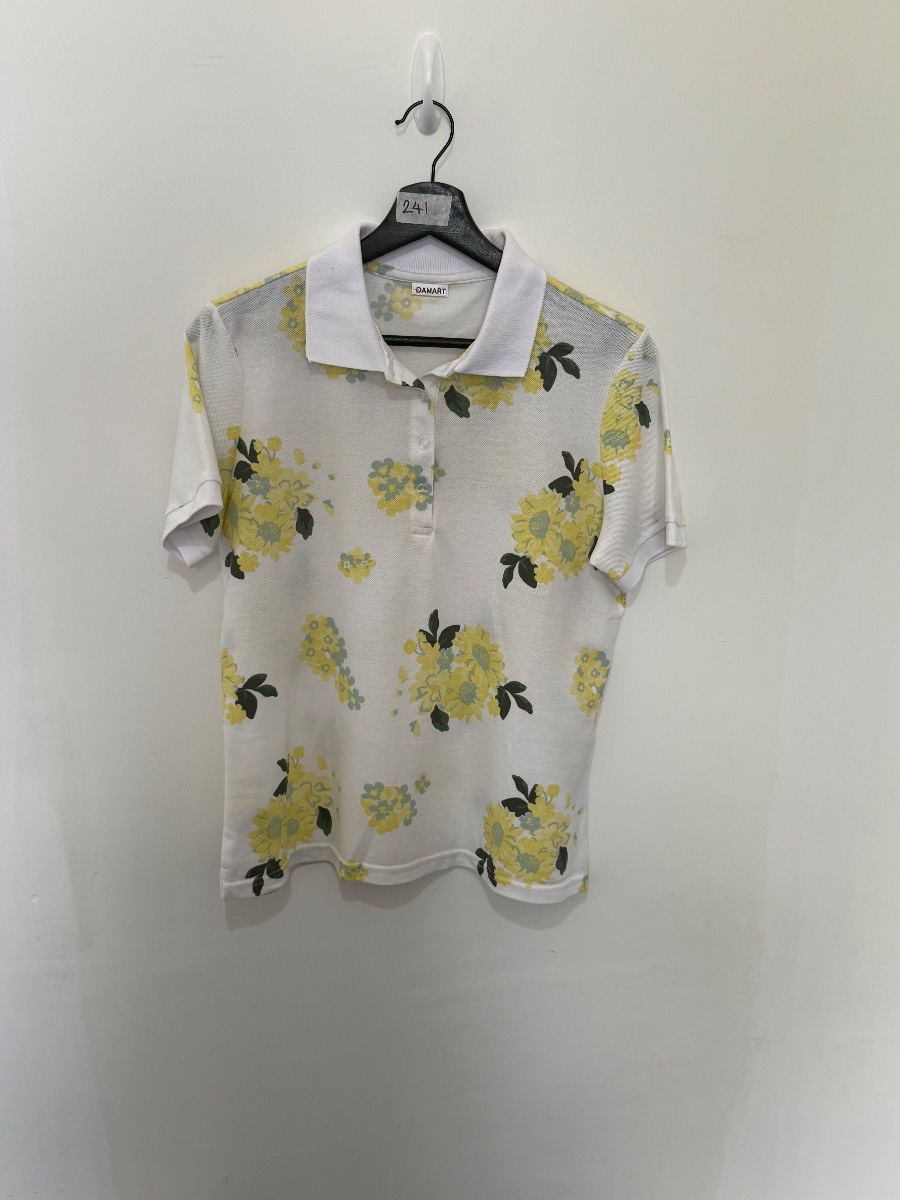 DAMART Womens Floral Polo Shirt Size Medium Large Vintage White Yellow Golf Top