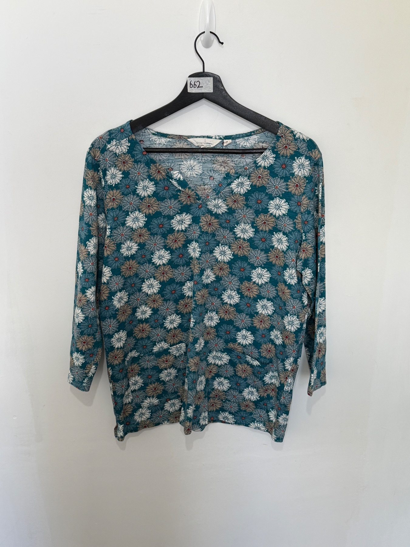 Seasalt Cornwall Womens Top UK 12 Teal Floral Daisy Print Organic Cotton 3/4 Sleeve